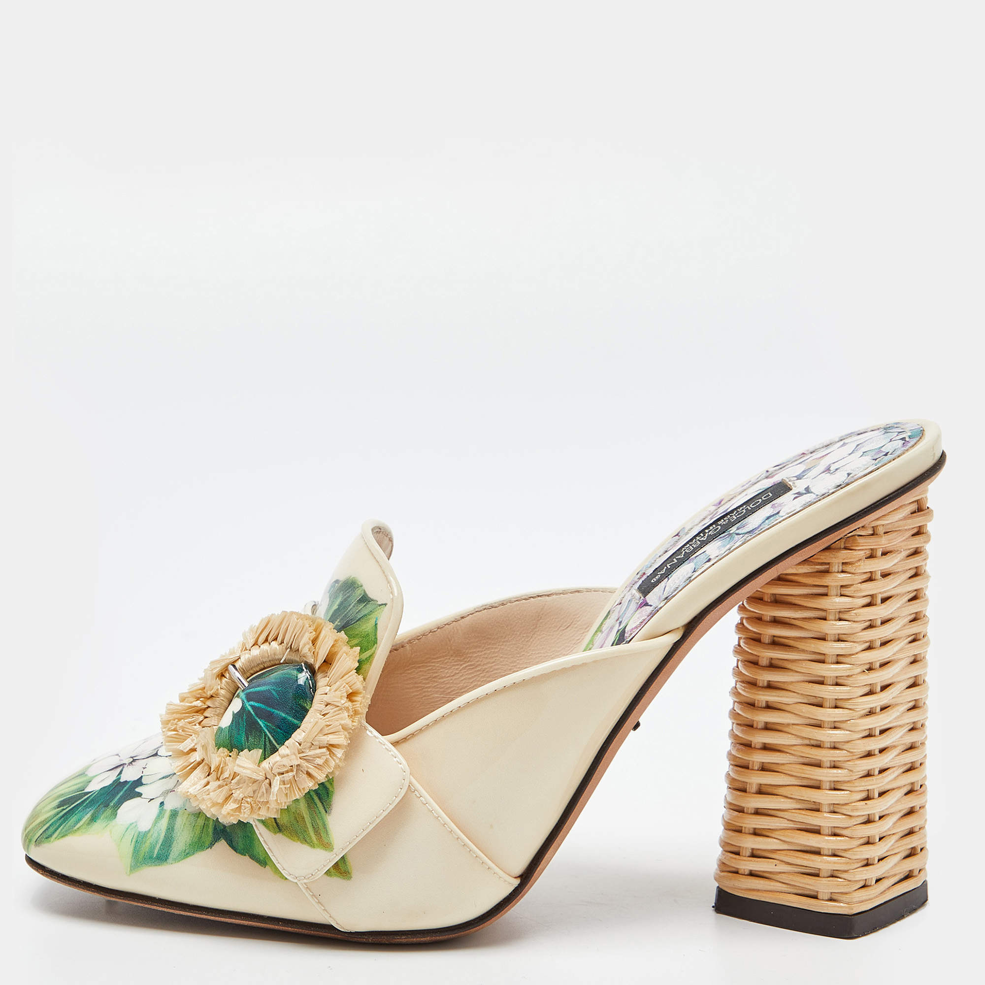 مملوكة مسبقًا حذاء مولز دولتشي أند غابانا فلات إبزيم زخرف كريستال جاكي طباعة هيدرانغيا مقاس 40