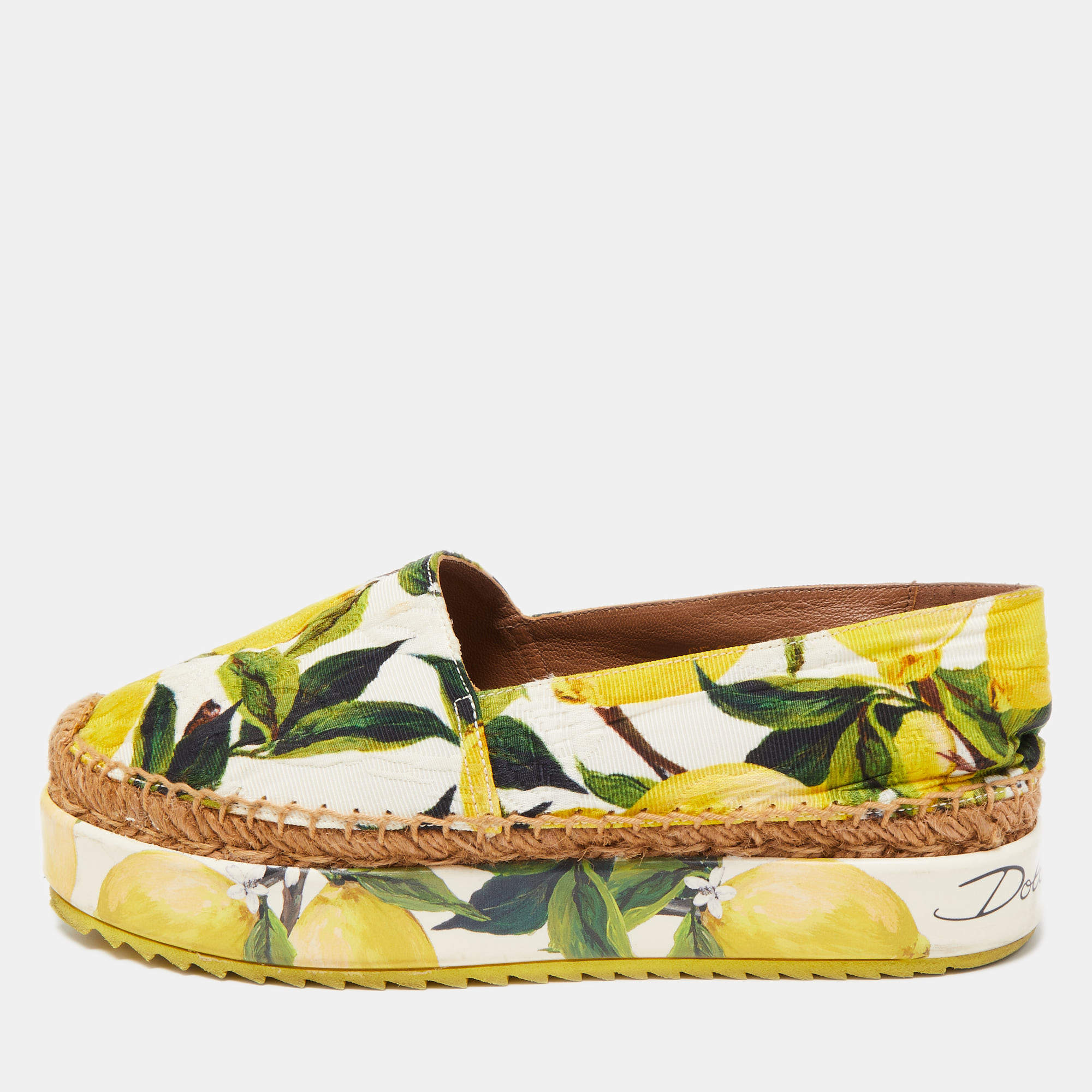 Pre Owned Dolce & Gabbana Tricolor Lemon Print Fabric Platform Espadrille Flats Size 35