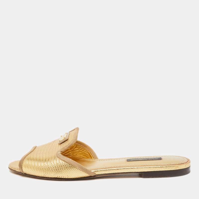 Pre Owned Dolce & Gabbana Gold Lizard Embossed Leather Flat Slides Size 36