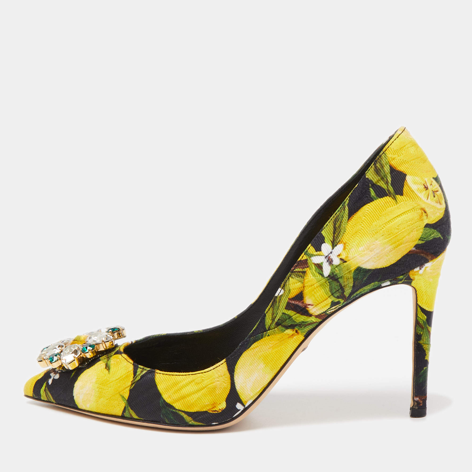 Pre Owned Dolce & Gabbana Tricolor Lemon Print Brocade Fabric Crystal Embellished Pumps Size 39.5