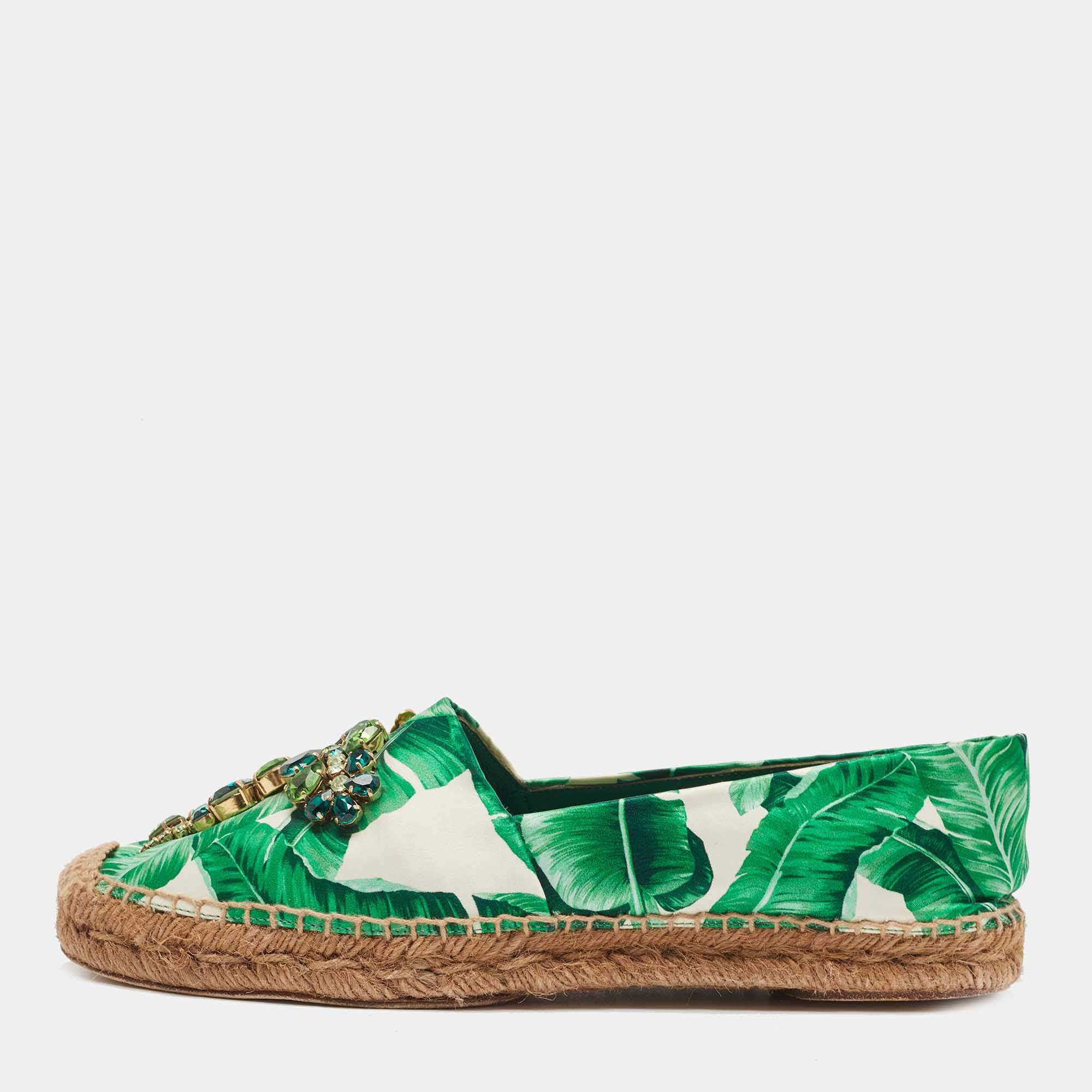Dolce & Gabbana Green/White Floral Print Satin Embellished Espadrille Flats Size 40
