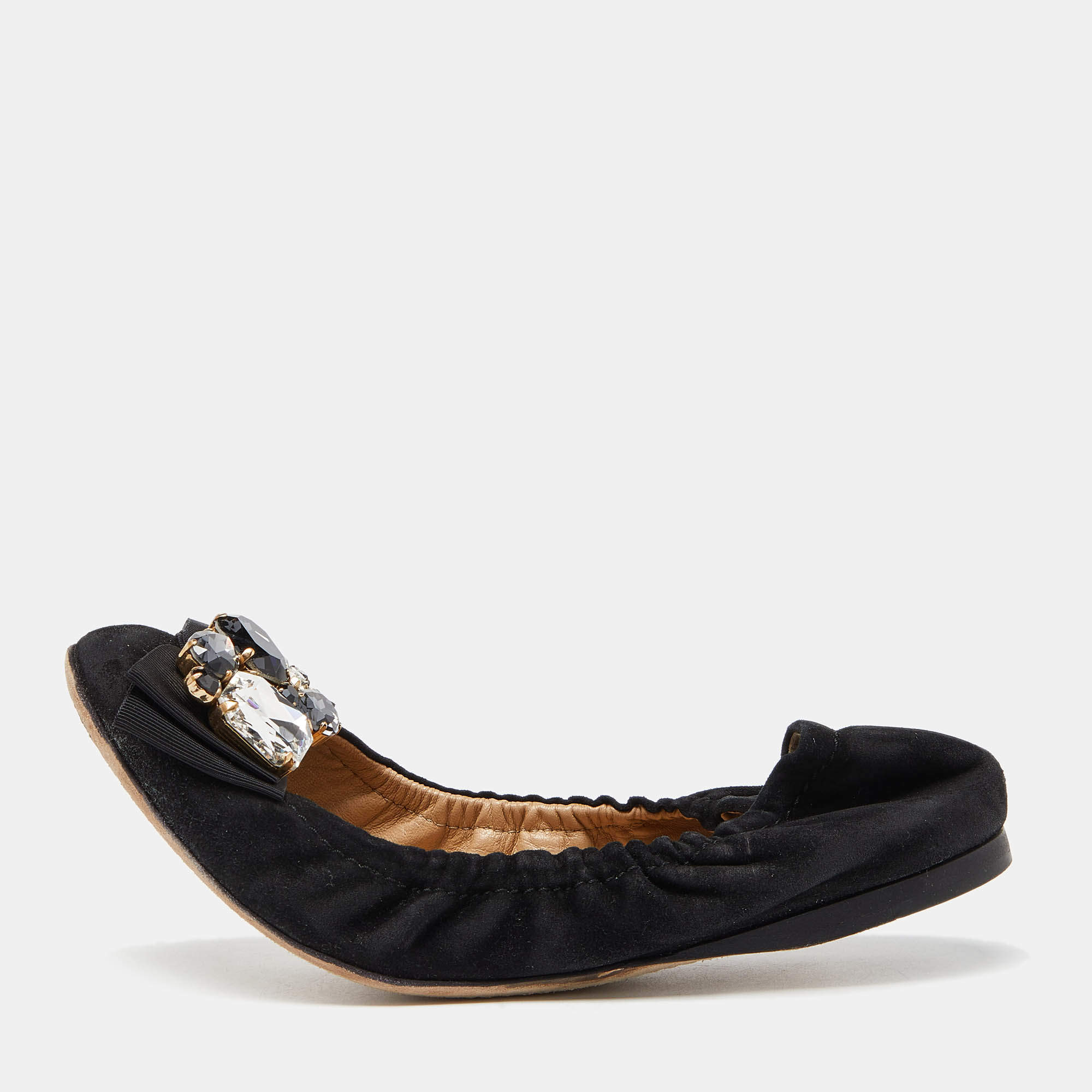 Pre Owned Dolce & Gabbana Black Suede Crystal Embellished Bow Scrunch Ballet Flats Size 36