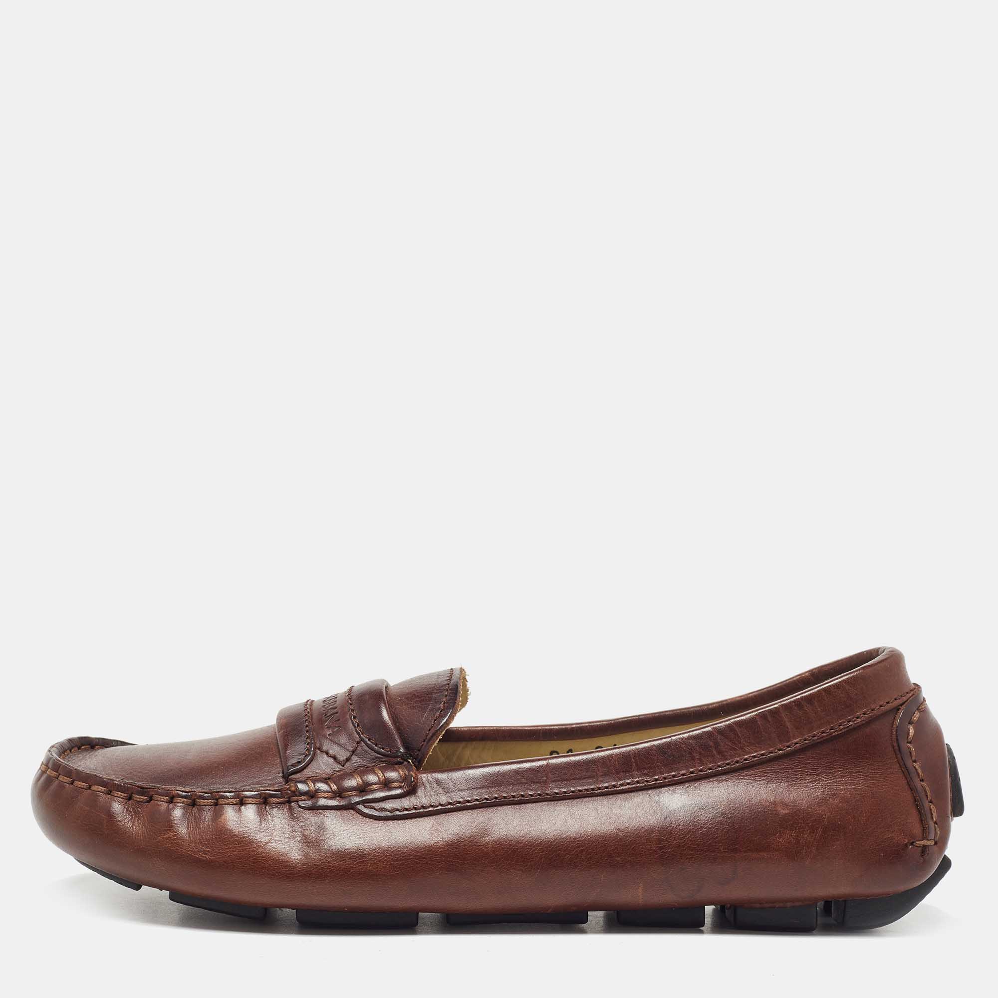 Pre Owned Dolce & Gabbana Brown Leather Slip On Loafers Size 34