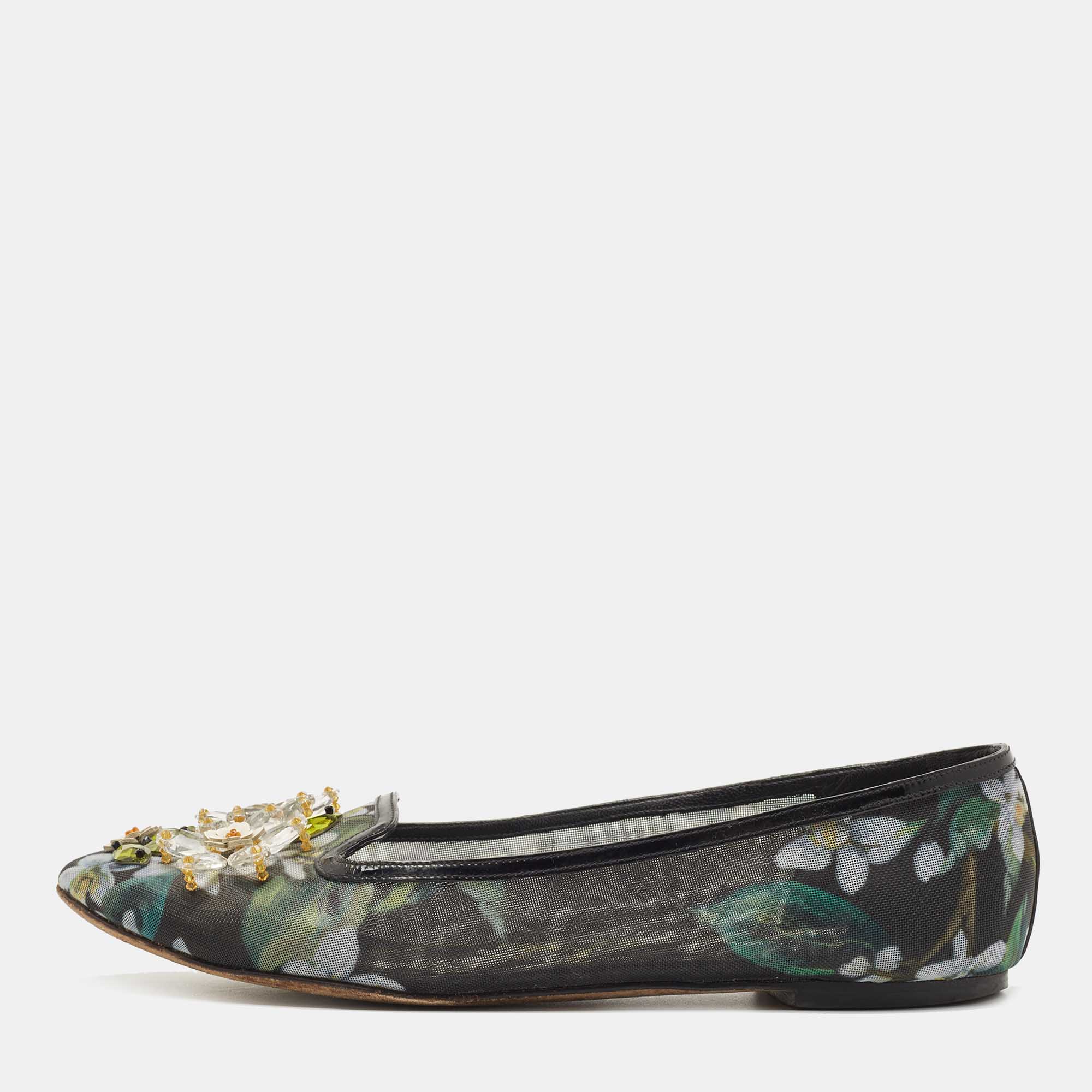 Pre Owned Dolce & Gabbana Black/Green Printed Mesh Embellished Ballet Flats Size 41
