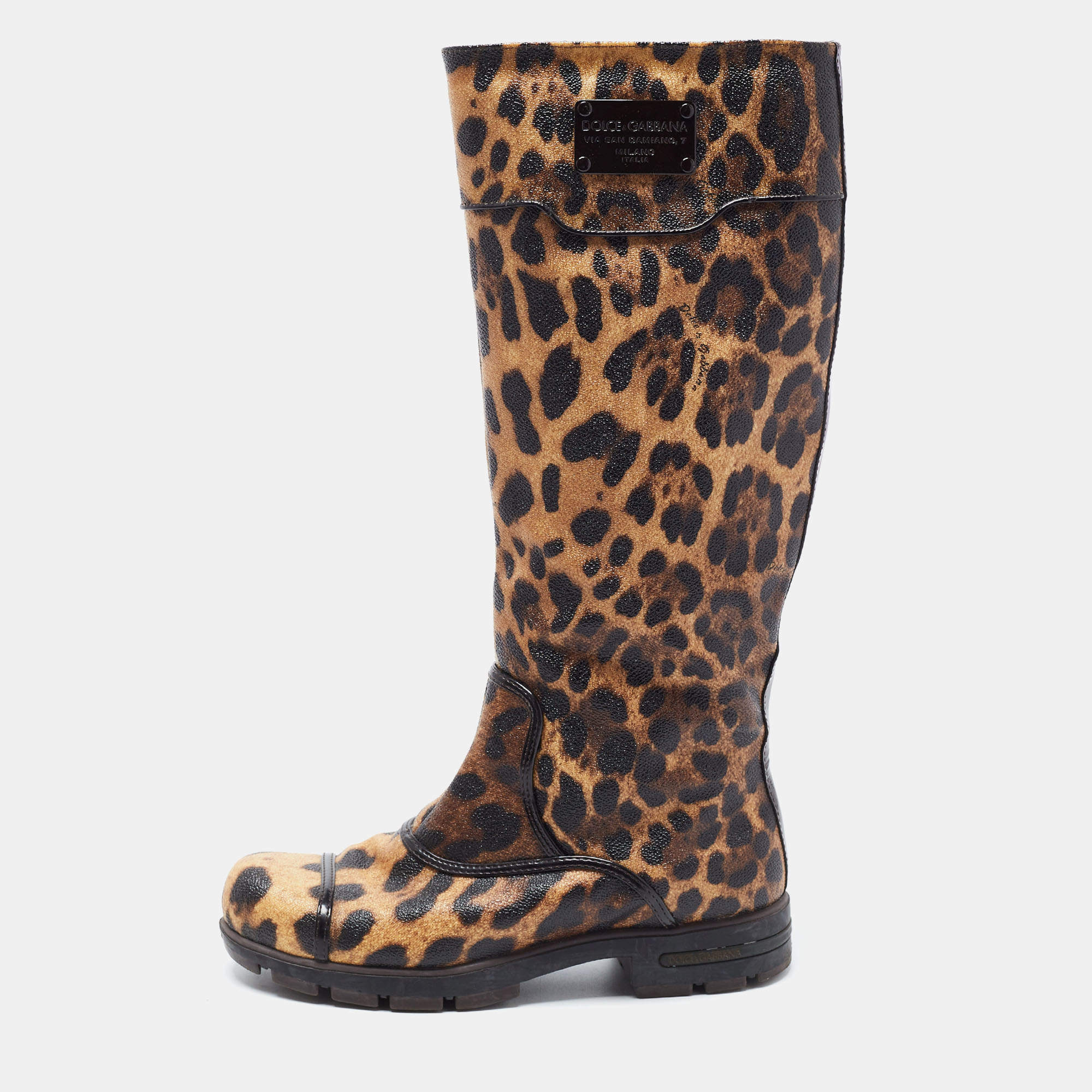 Pre Owned Dolce & Gabbana Brown Coated Canvas Leopard Print Knee Length Boots Size 36