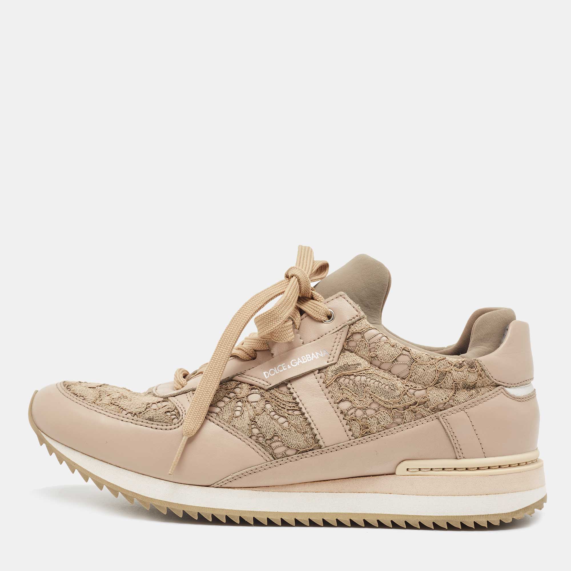 Pre Owned Dolce & Gabbana Beige Leather and Lace Low Top Sneakers Size 39