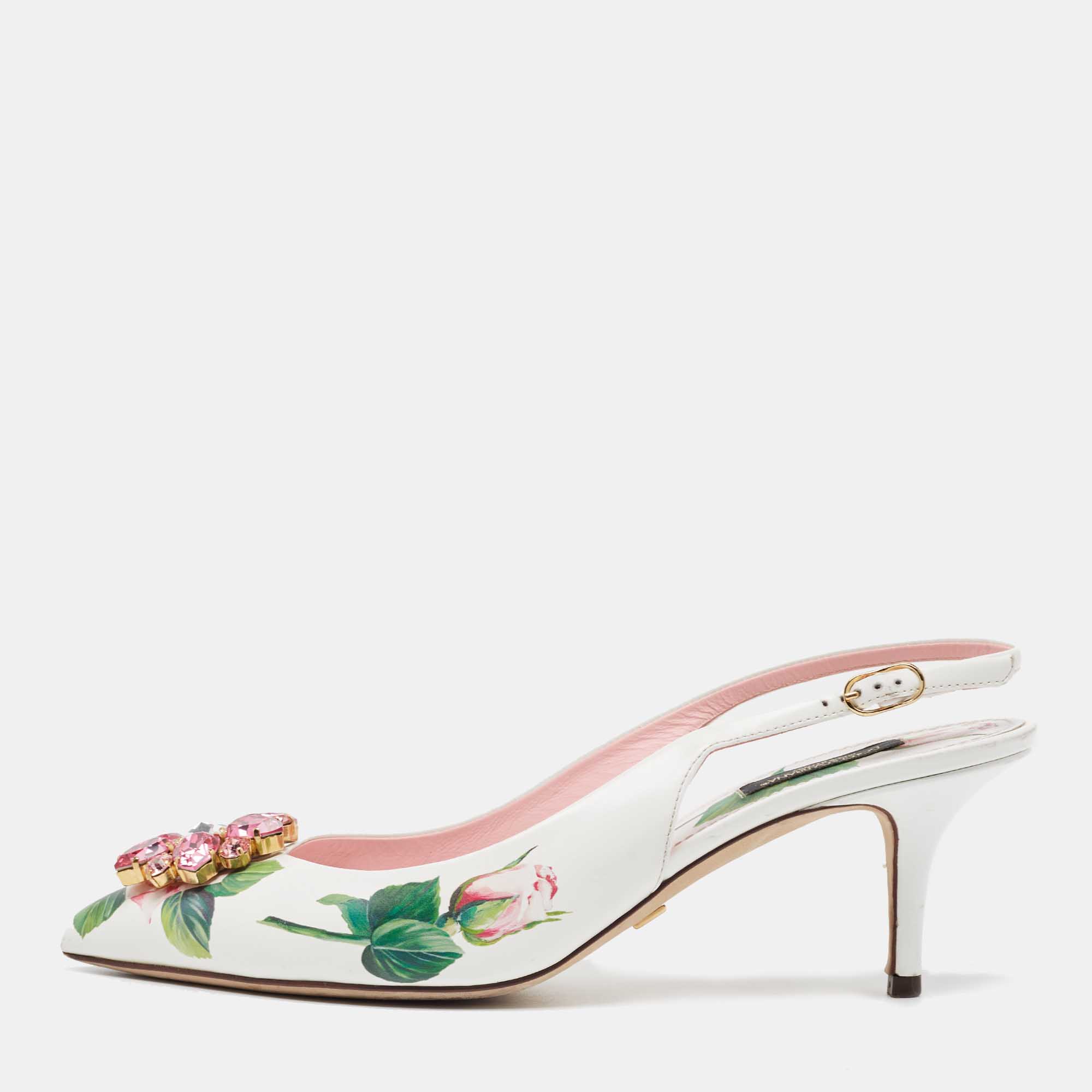 Pre Owned Dolce & Gabbana White Leather Jeweled Floral Print Pointed Toe Pumps Size 39