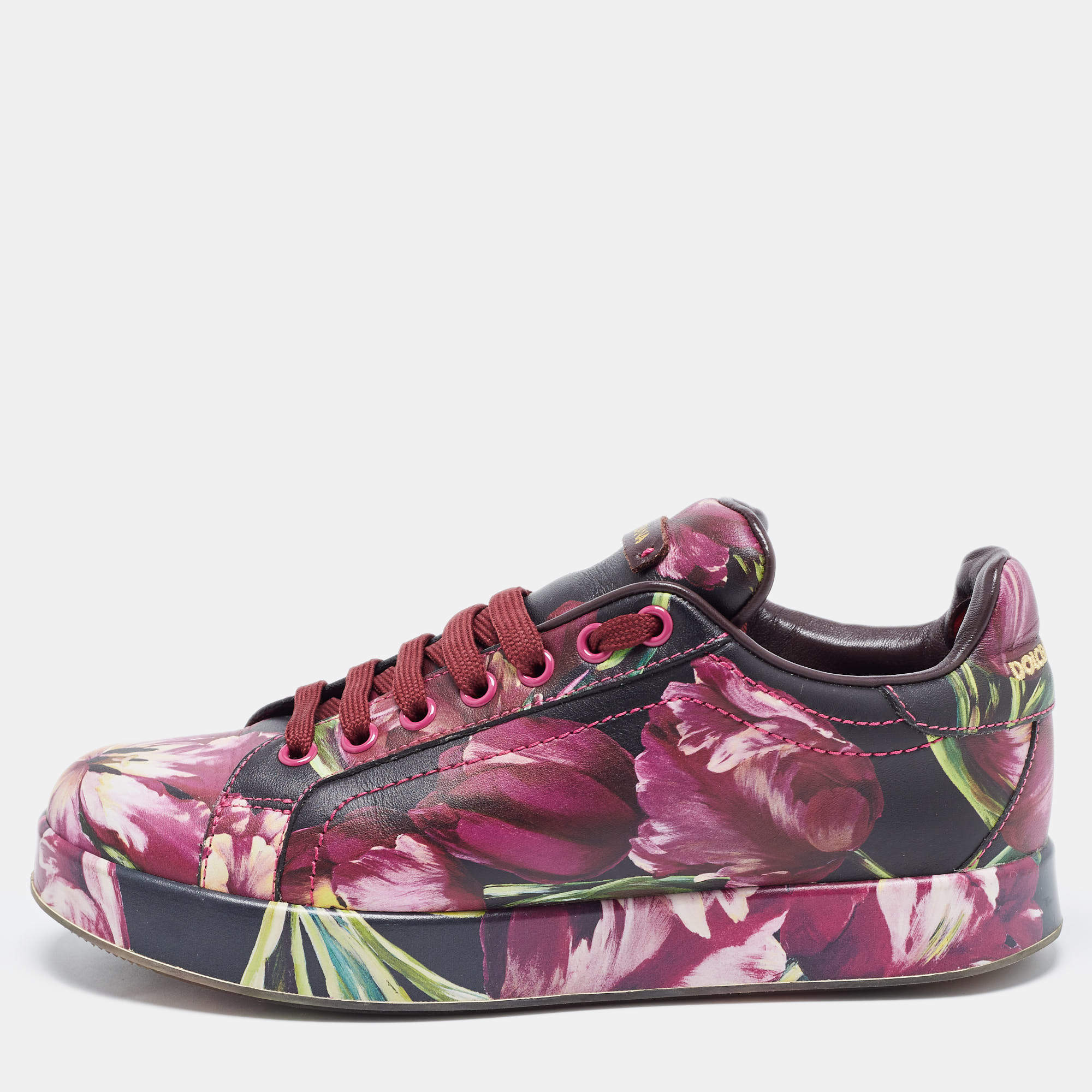 Pre Owned Dolce & Gabbana Multicolor Flower Printed Leather Portofino Low Top Sneakers Size 37
