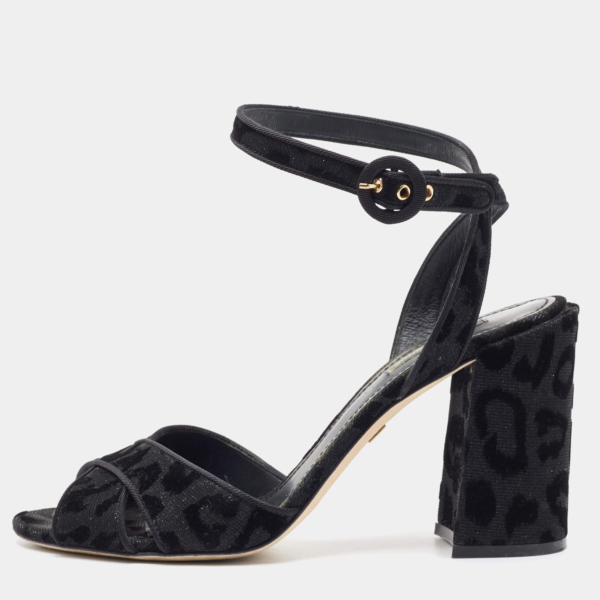 Dolce & Gabbana Black Leopard Print Glitter Fabric Ankle Strap Sandals Size 39.5