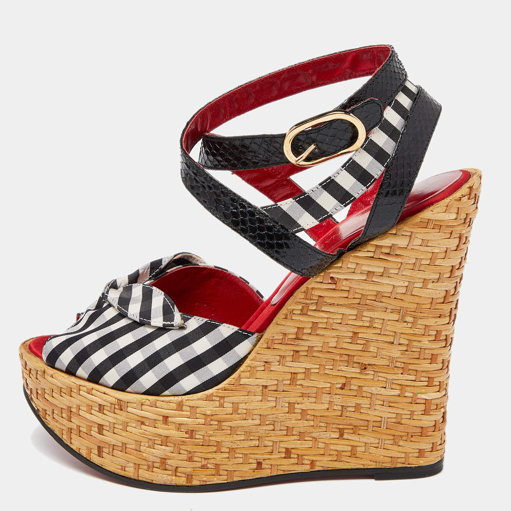 Pre Owned Dolce & Gabbana Black/White Checkered Fabric Ankle Wrap Wedge Sandals Size 38.5