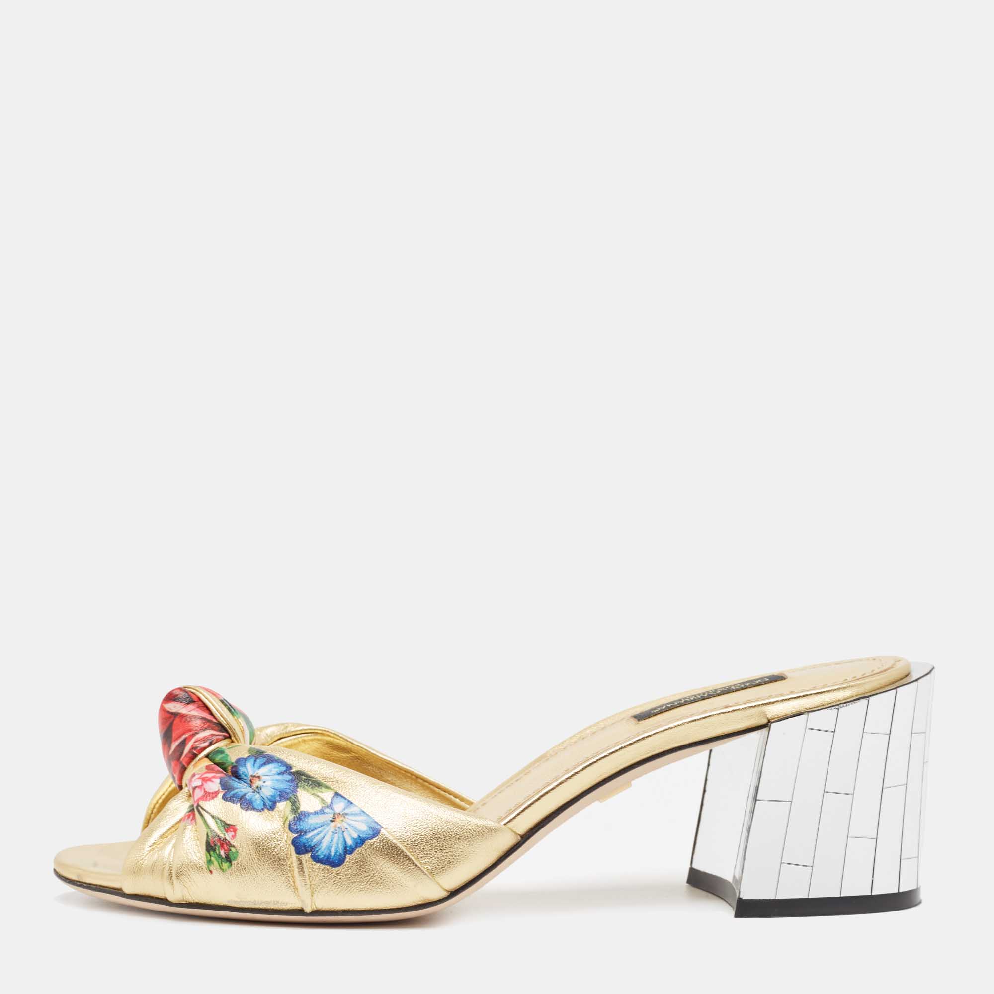 Pre Owned Dolce & Gabbana Gold Leather Knot Detail Mirrored Heel Slide Sandals Size 38