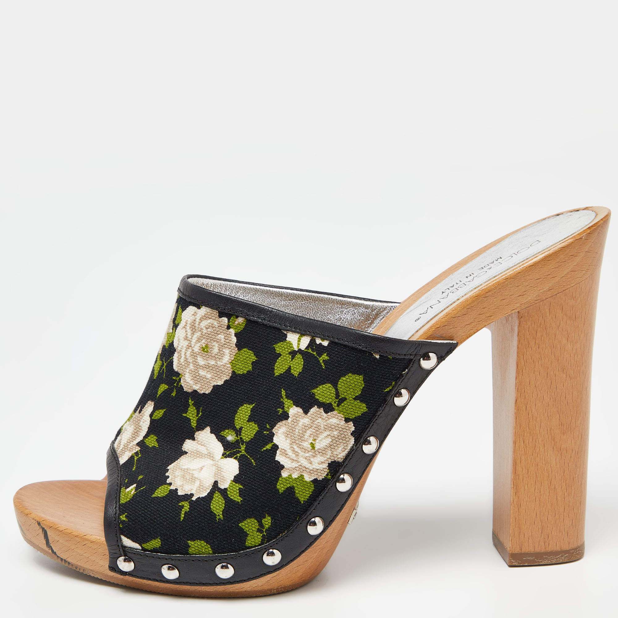 Dolce & Gabbana Mukticolor Floral Canvas and Leather Block Heel Mules Size 38