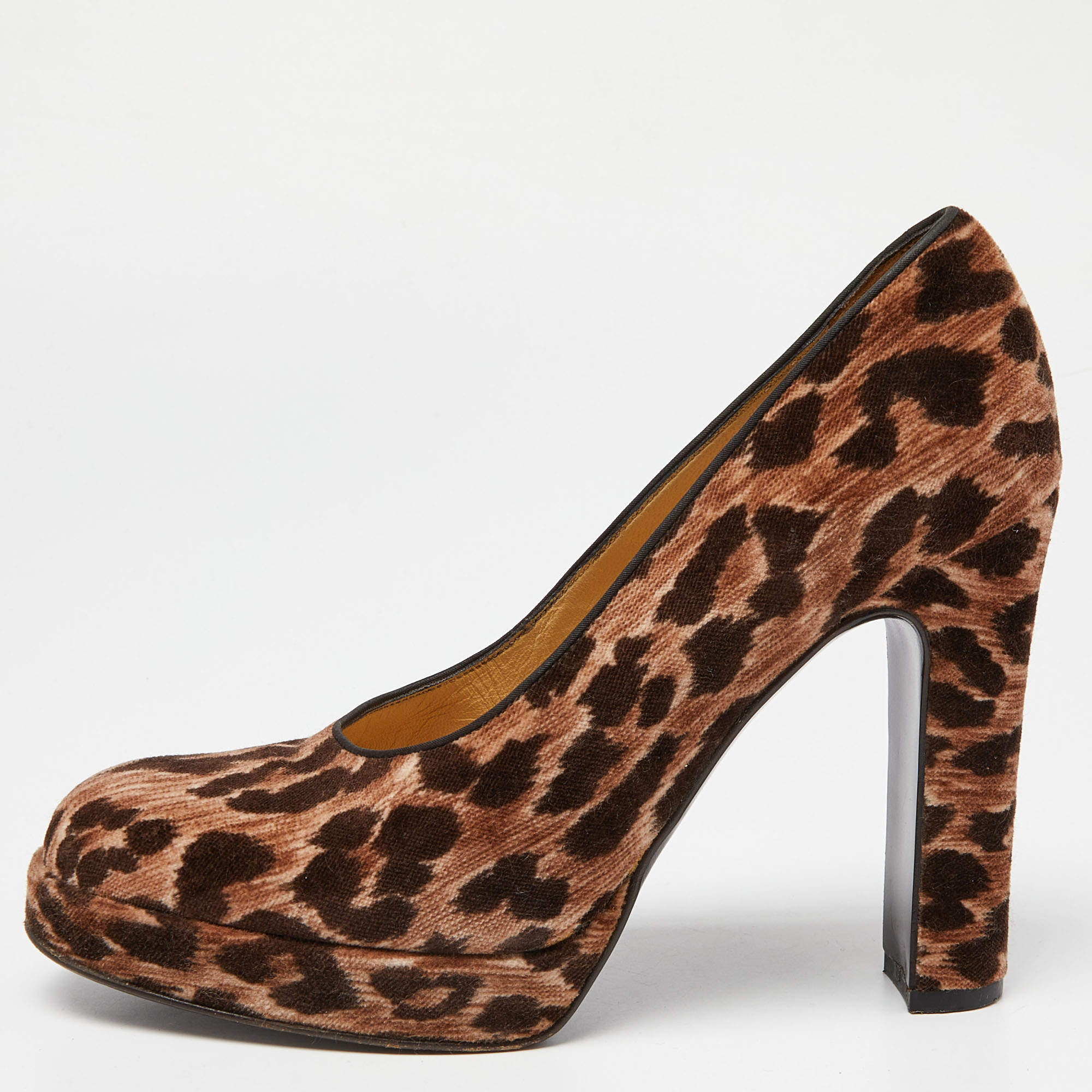 Dolce and Gabbana Brown Leopard Print Velvet Block Heel Pumps Size 37
