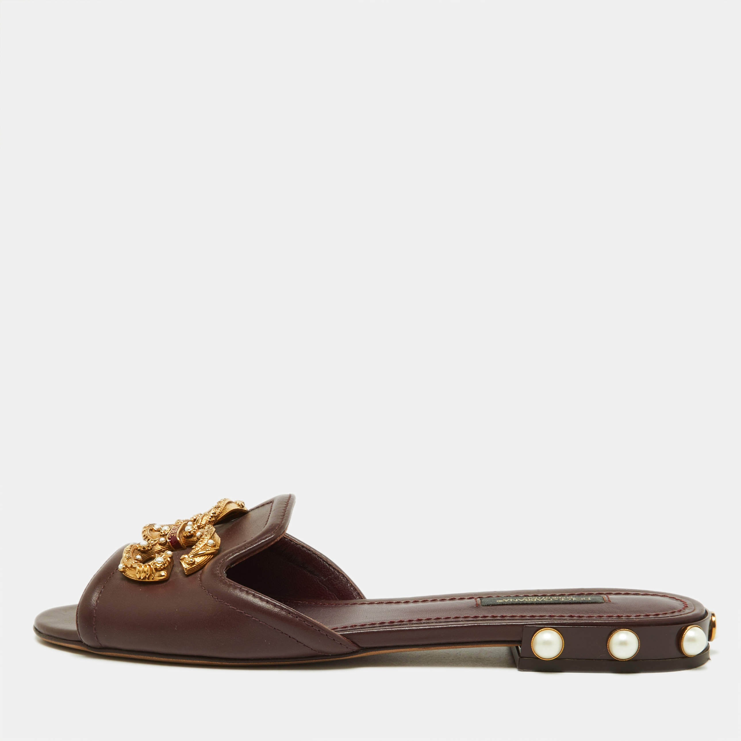 Pre Owned Dolce & Gabbana Burgundy Leather DG Amore Logo Embellished Flat Slides Size 37