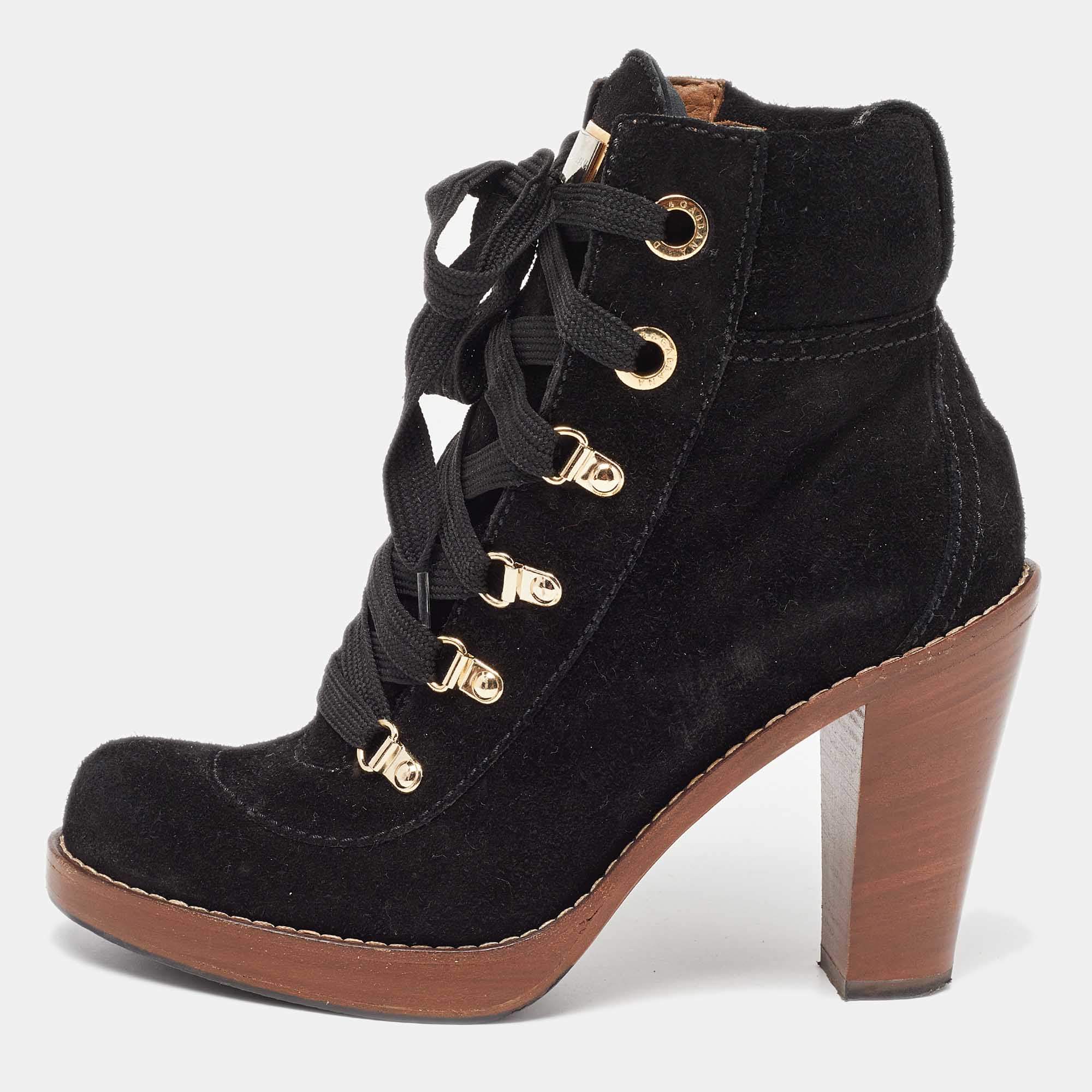 Pre Owned Dolce & Gabbana Black Suede Lace Up Ankle Boots Size 38
