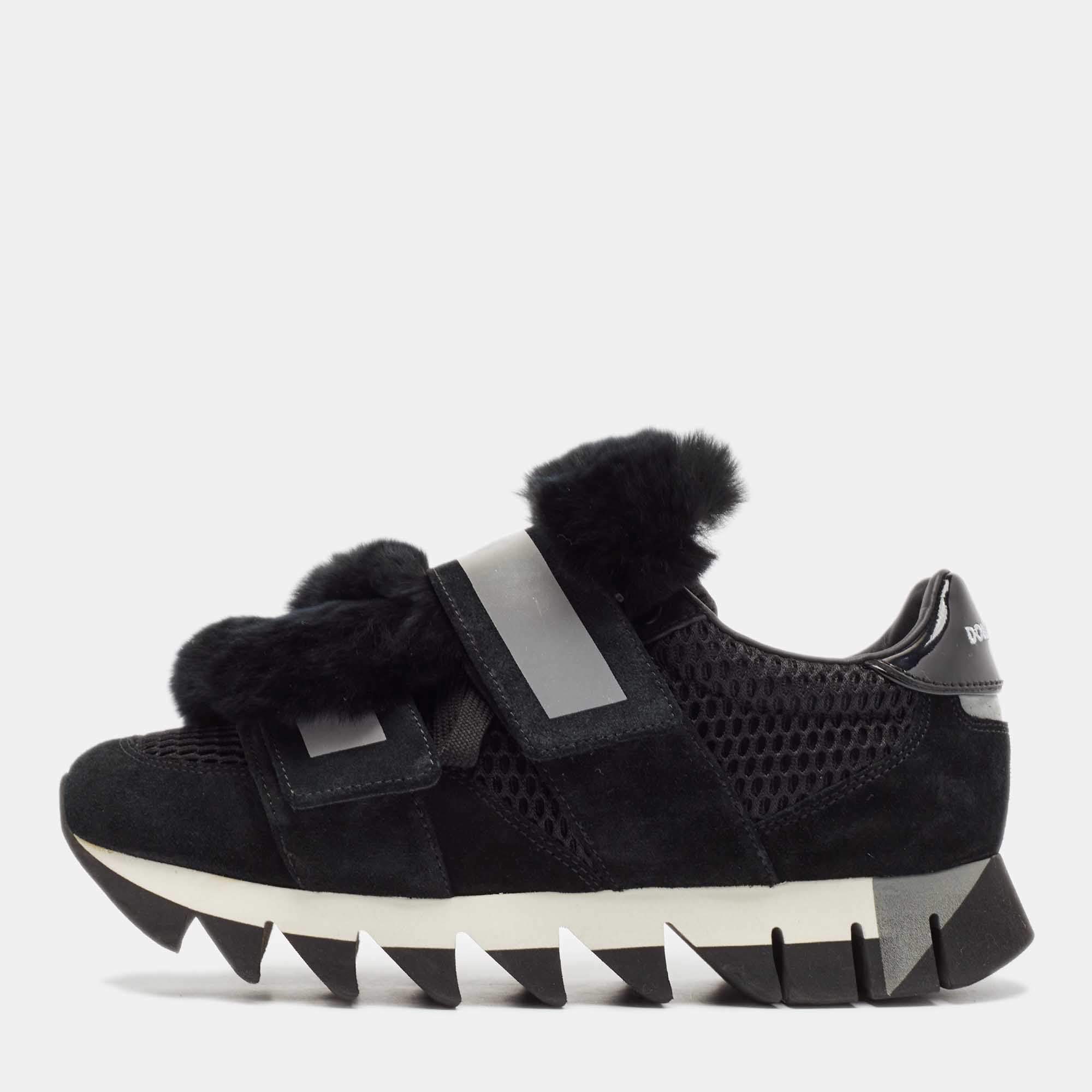 Pre Owned Dolce & Gabbana Black Mesh and Fur Low Top Sneakers Size 39