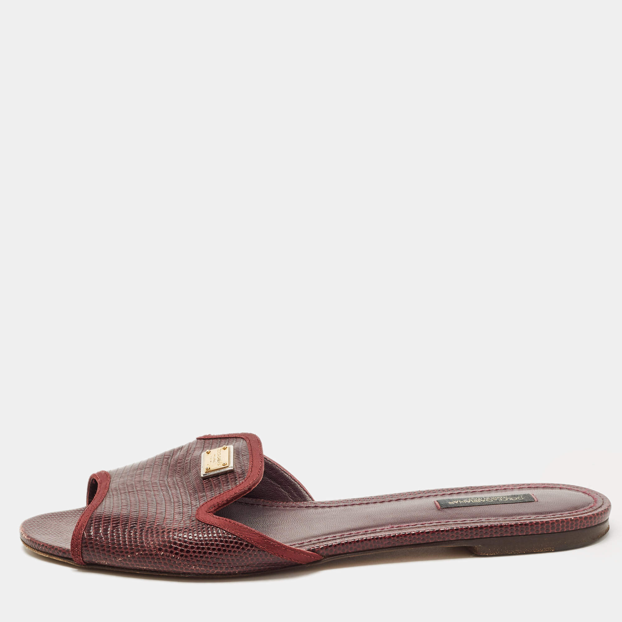Pre Owned Dolce & Gabbana Burgundy Lizard Embossed Leather Flat Slides Size 40
