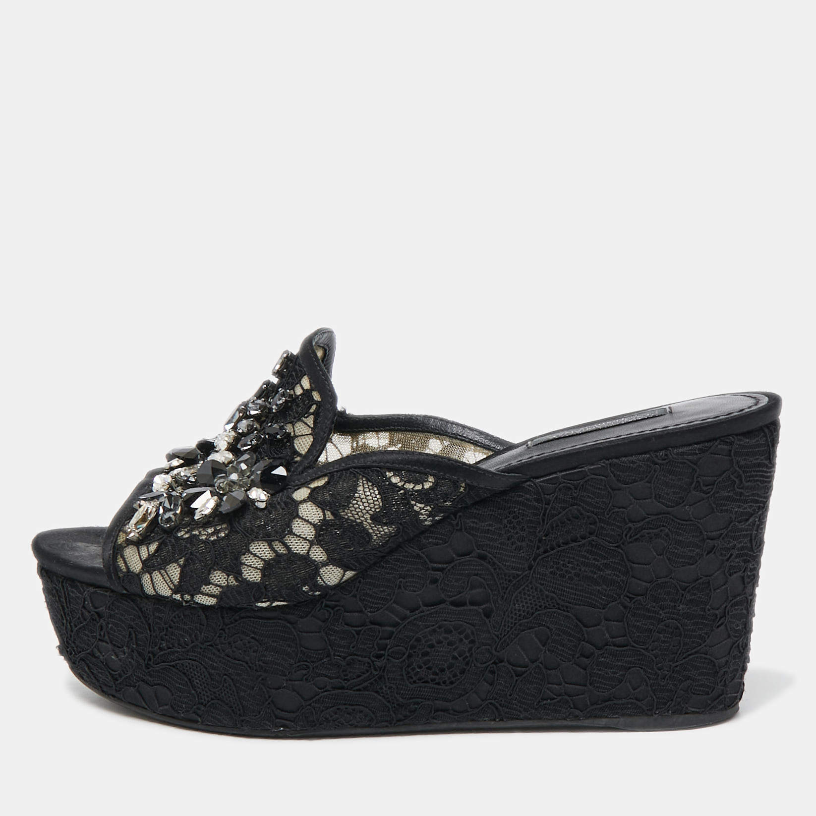 Dolce & Gabbana Black Lace Crystal Embellished Platform Wedge Slide Sandals Size 39