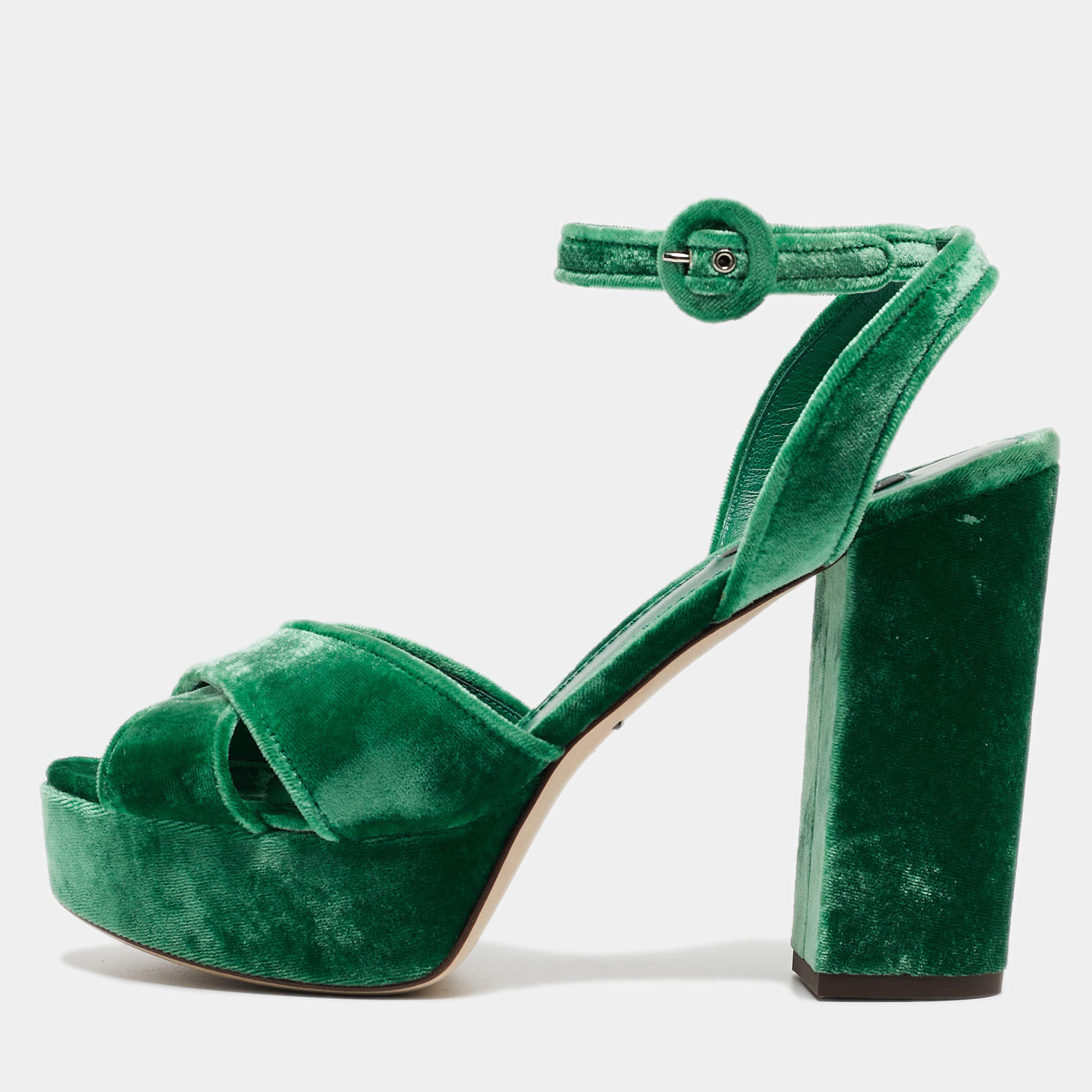 Pre Owned Dolce & Gabbana Green Velvet Keira Platform Ankle Wrap Sandals Size 38