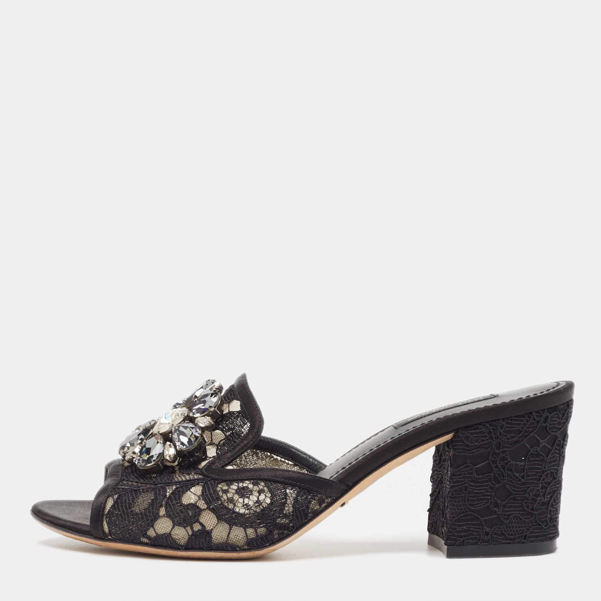 Dolce & Gabbana Black Satin and Mesh Bianca Open Toe Sandals Size 38