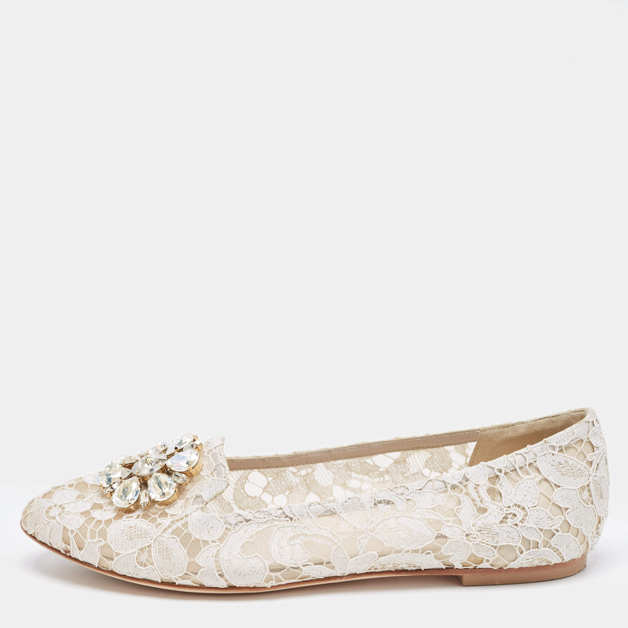 Pre Owned Dolce & Gabbana White Lace Crystal Embellishments Ballet Flats Size 41
