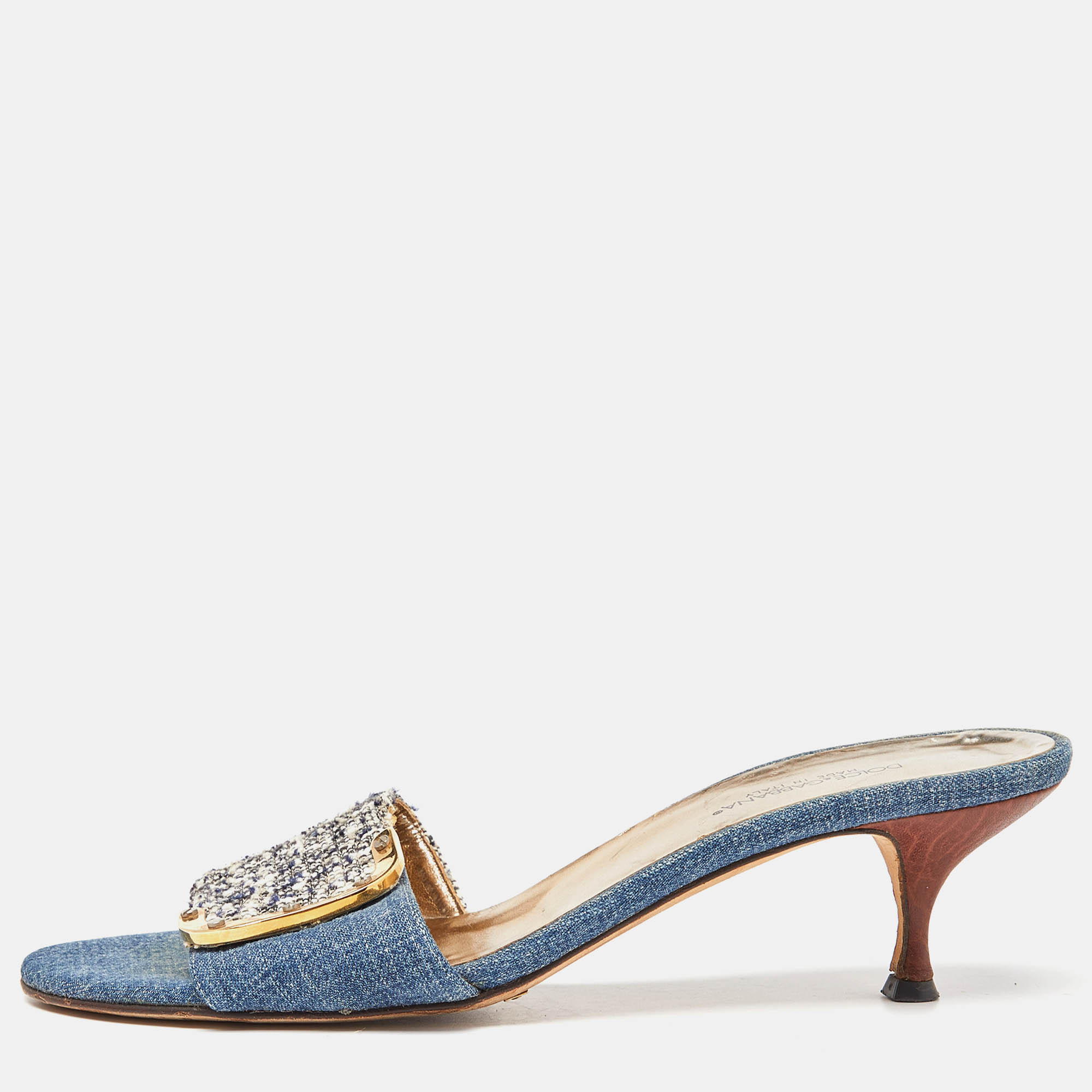 Dolce & Gabbana Blue/White Tweed and Denim Slide Sandals Size 38.5
