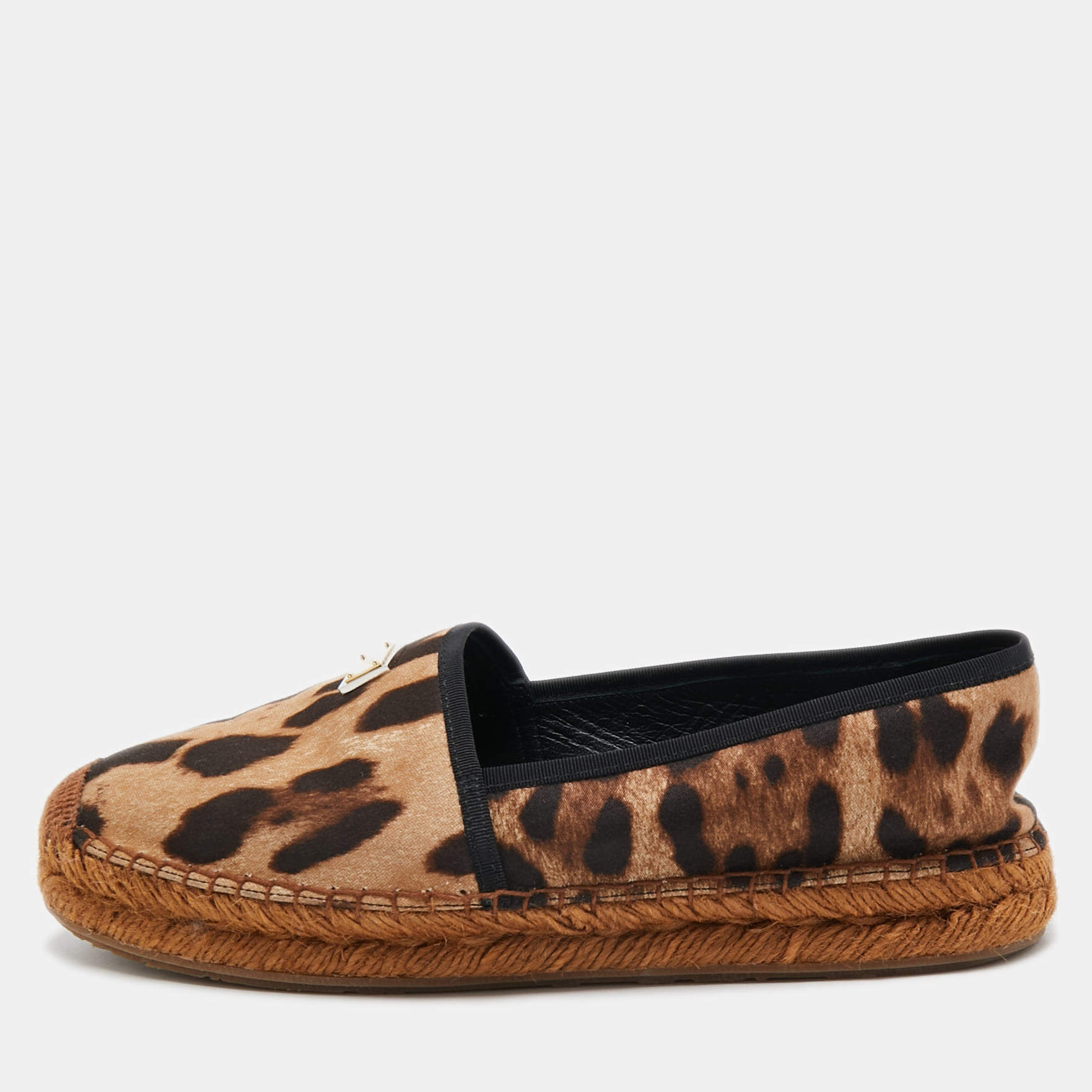 Pre Owned Dolce & Gabbana Brown Canvas Leopard Print Logo Espadrilles Size 39