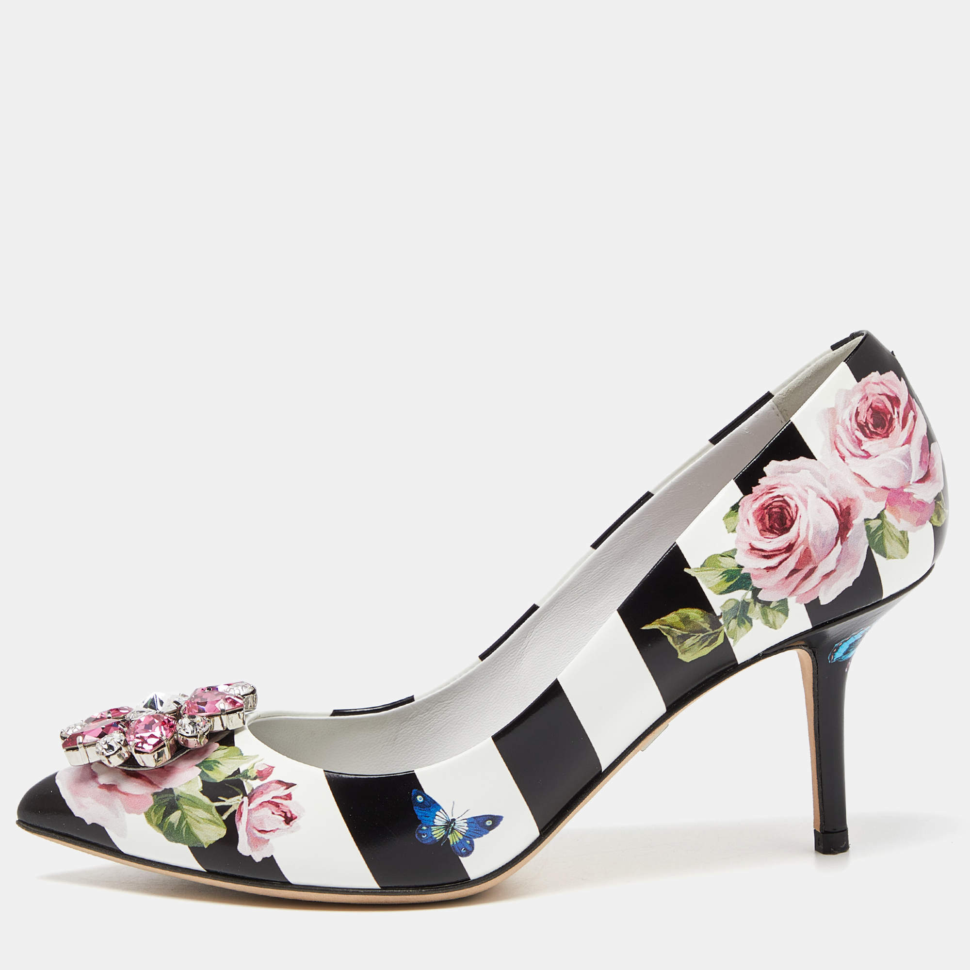Pre Owned Dolce & Gabbana Multicolor Floral Print Leather Crystal Embellished Pumps Size 37.5