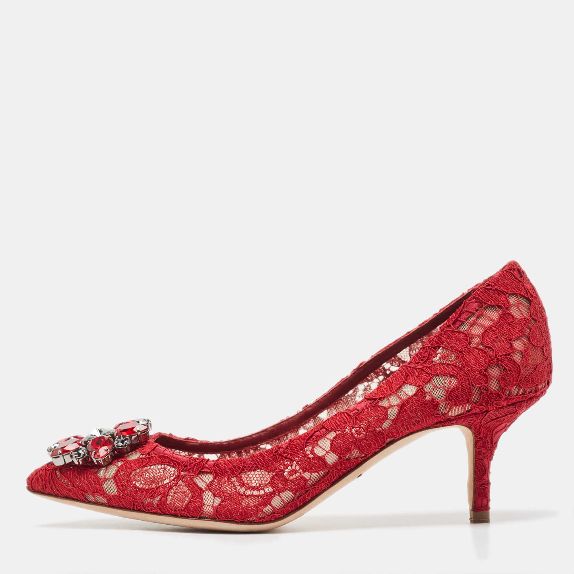 Pre Owned Dolce & Gabbana Red Mesh and Lace Crystal Embellished Belluci Pumps Size 37.5