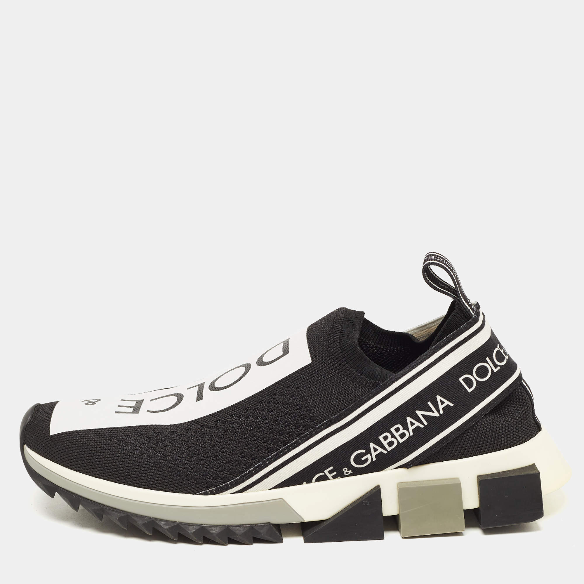 Pre Owned Dolce & Gabbana Black/White Logo Print Knit Fabric Sorrento Sneakers Size 39.5