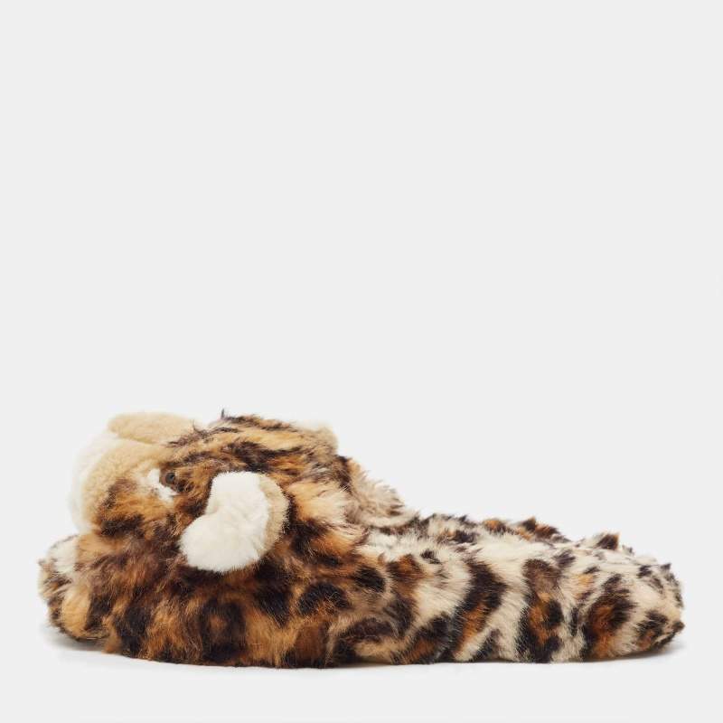 Pre Owned Dolce & Gabbana Brown Leopard Print  Fur Plush Flat Slides Size 37