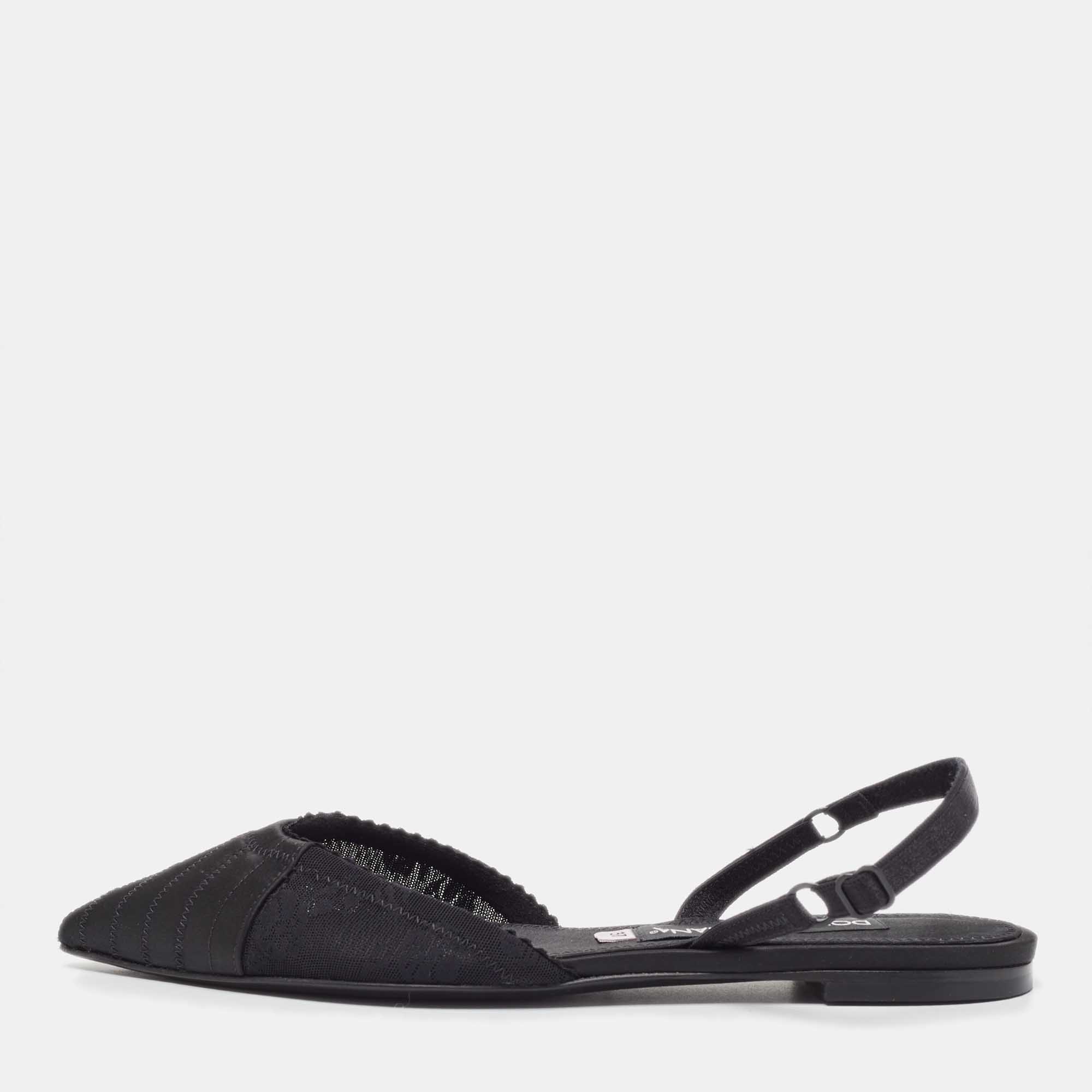 Pre Owned Dolce & Gabbana Black Satin and Mesh Slingback Flats Size 37