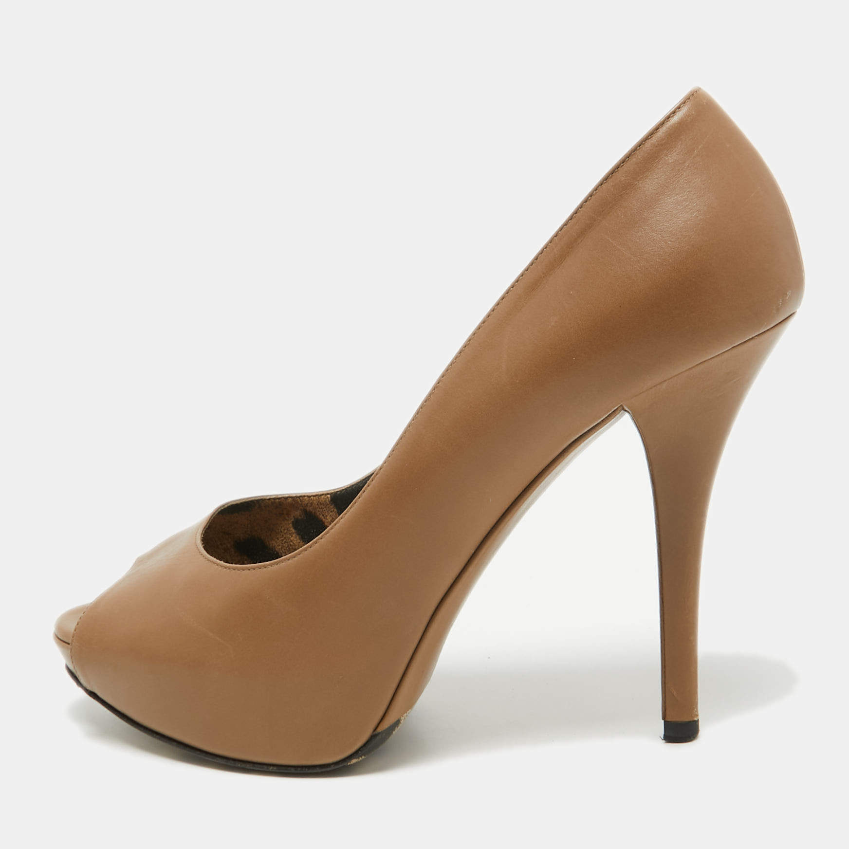Pre Owned Dolce & Gabbana Light Brown Leather Peep Toe Platform Pumps Size 38.5