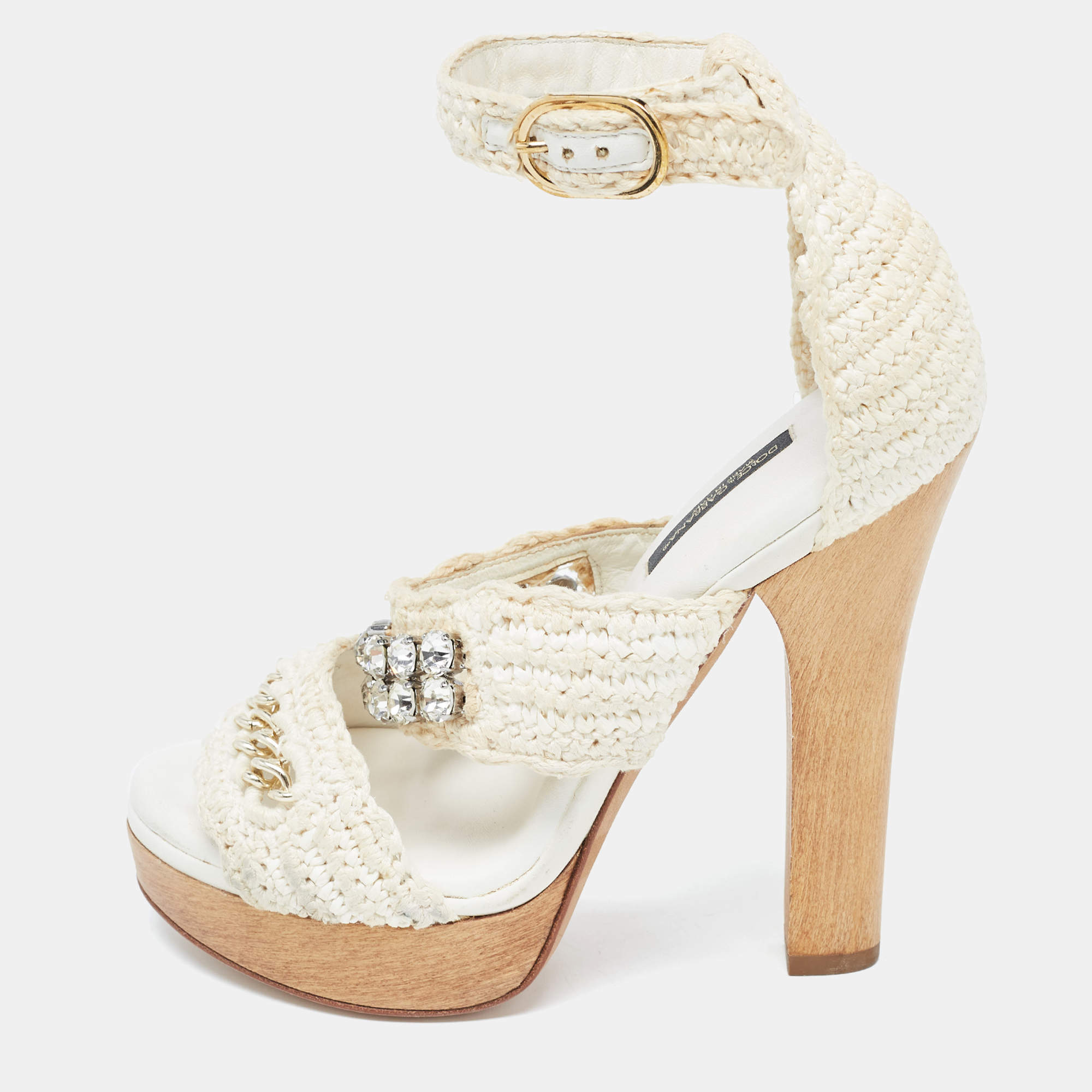 Pre Owned Dolce & Gabbana White Woven Lace Crystal Embellished Ankle Strap Sandals Size 37