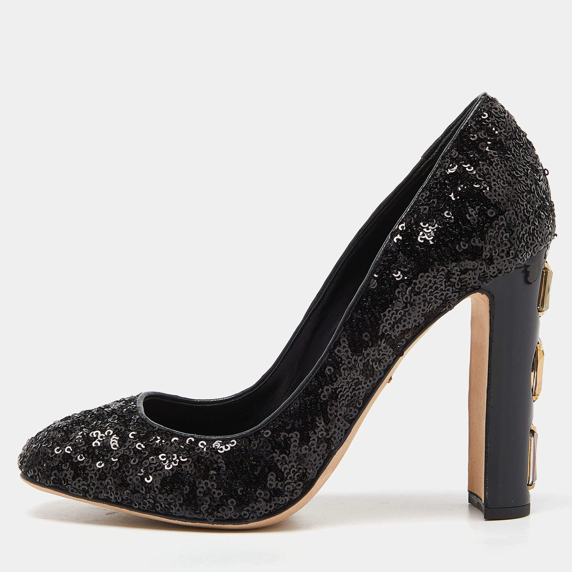 Pre Owned Dolce & Gabbana Black Sequins and Leather Block Heel Pumps Size 37.5