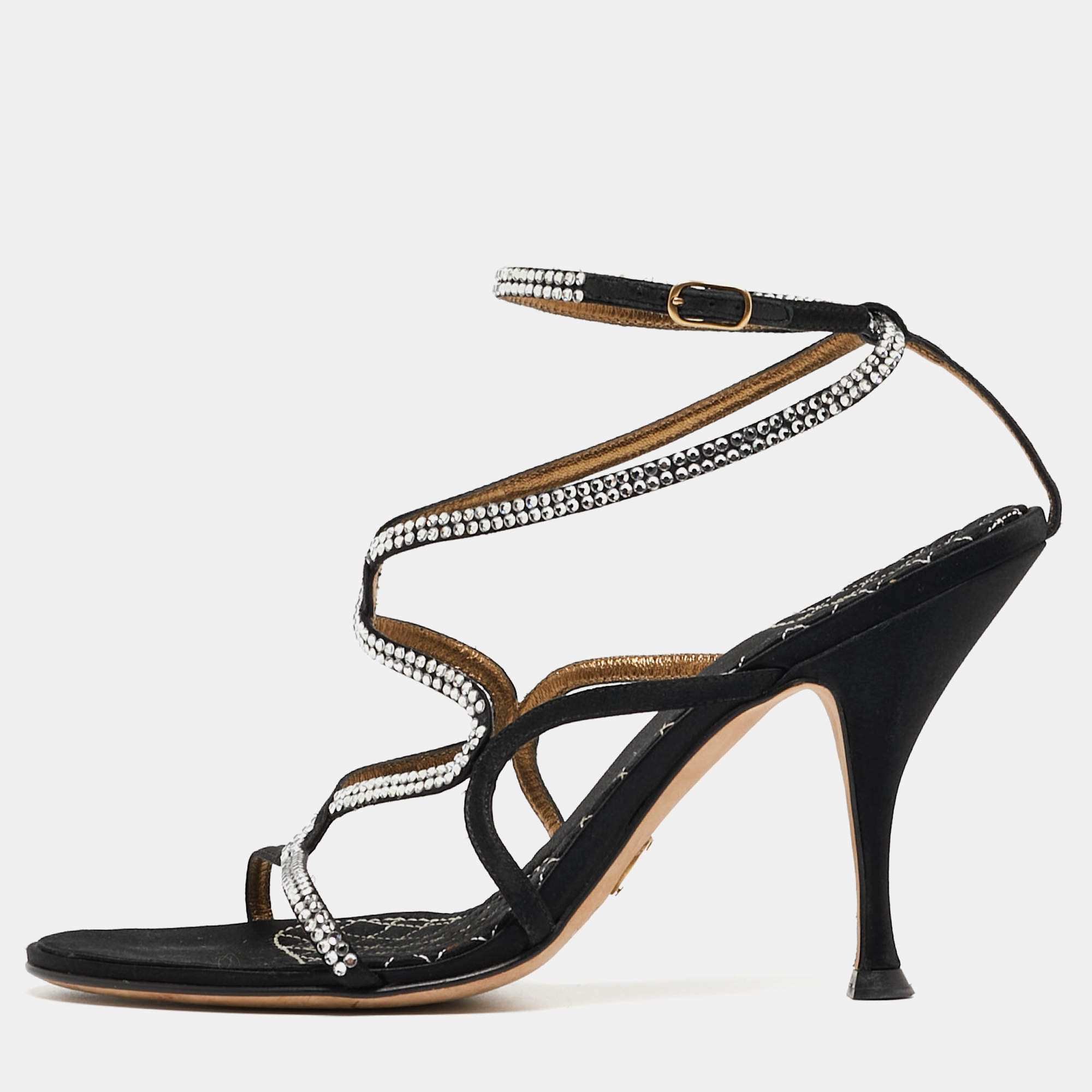 Dolce & Gabbana Black Satin Crystal Embellished Sandals Size 38