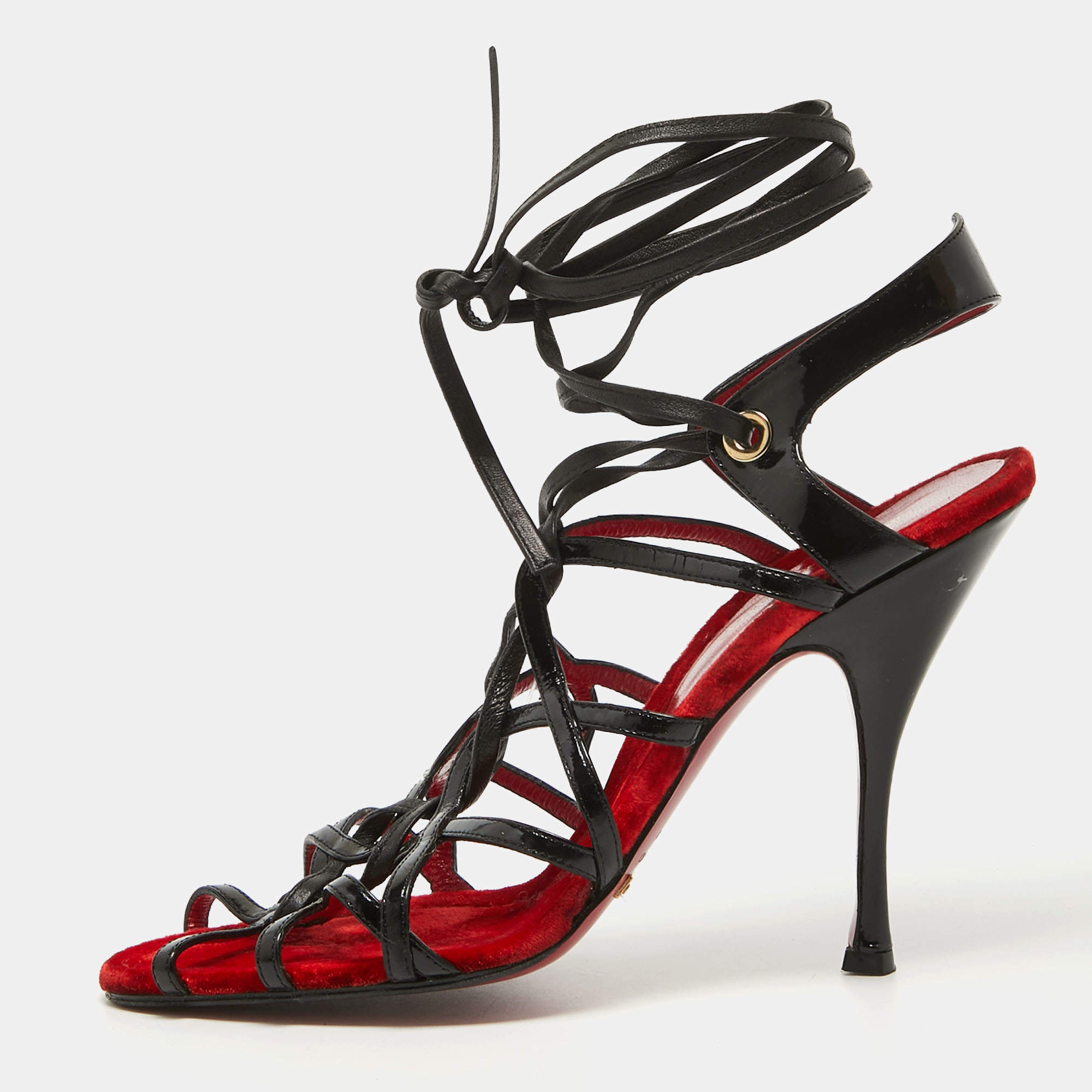 مملوكة مسبقًا Dolce & Gabbana Red/Black Patent and Leather Lace Up Sandals Size 39