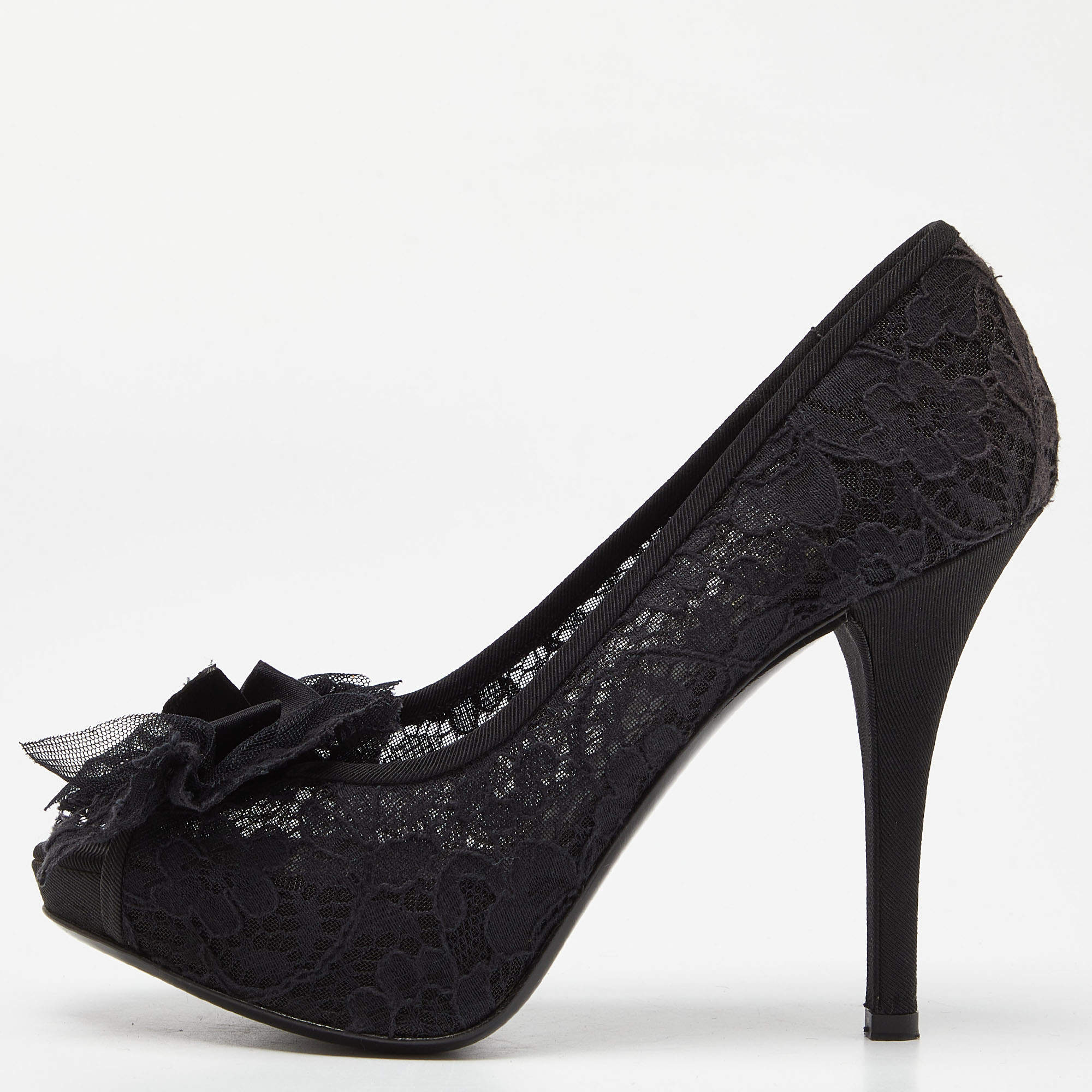 Pre Owned Dolce & Gabbana Black Lace Bow Peep Toe Platform Pumps Size 36