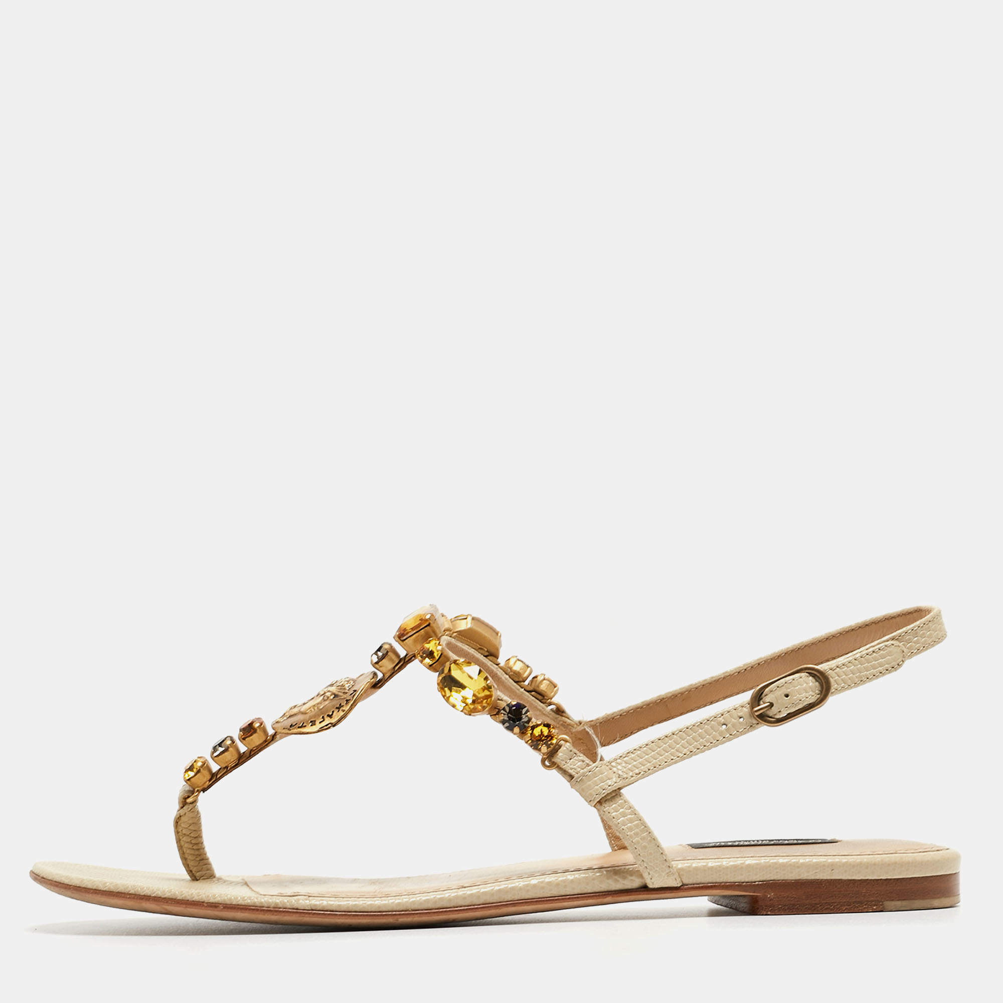 Pre Owned Dolce & Gabbana Beige Textured Leather Crystal Embellished Thong Flat Sandals Size 39.5