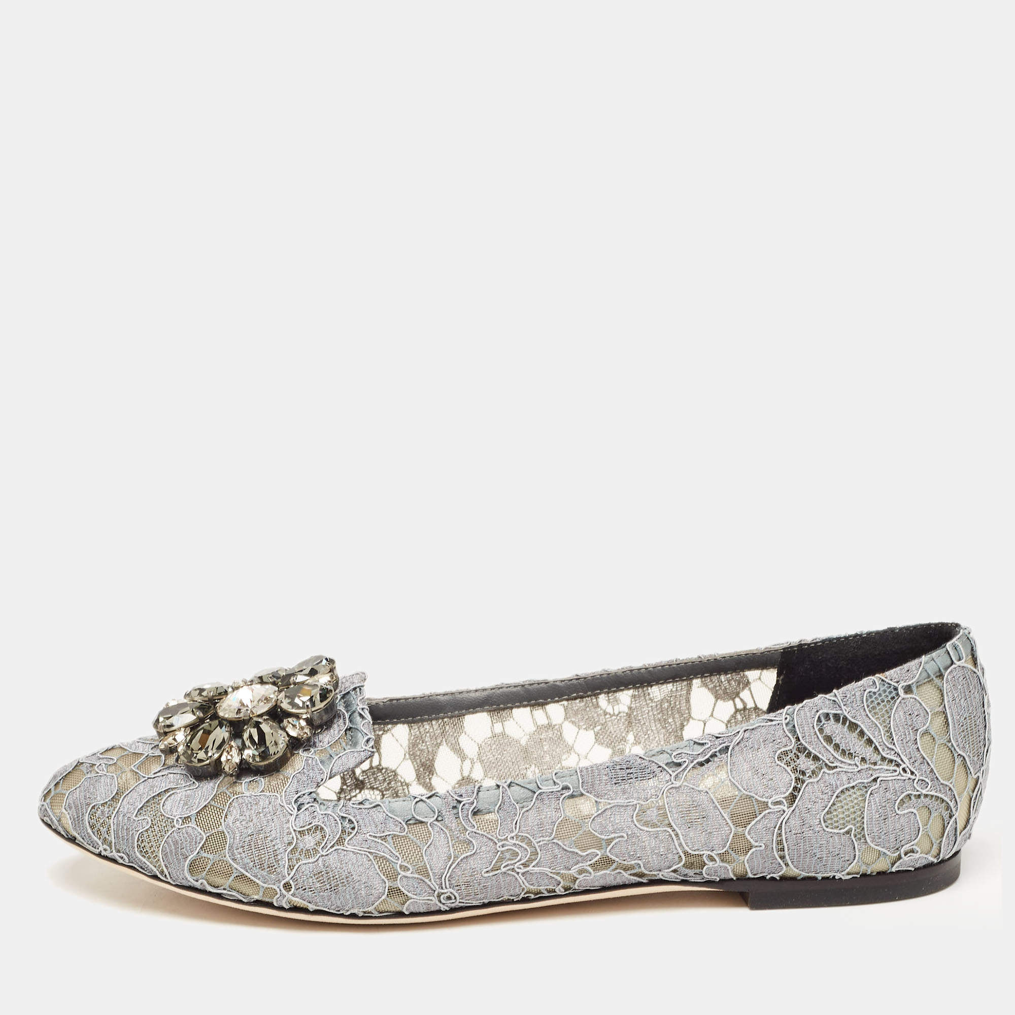 Dolce & Gabbana Grey Lace and Mesh Bellucci Crystal Embellished Ballet Flats Size 38.5