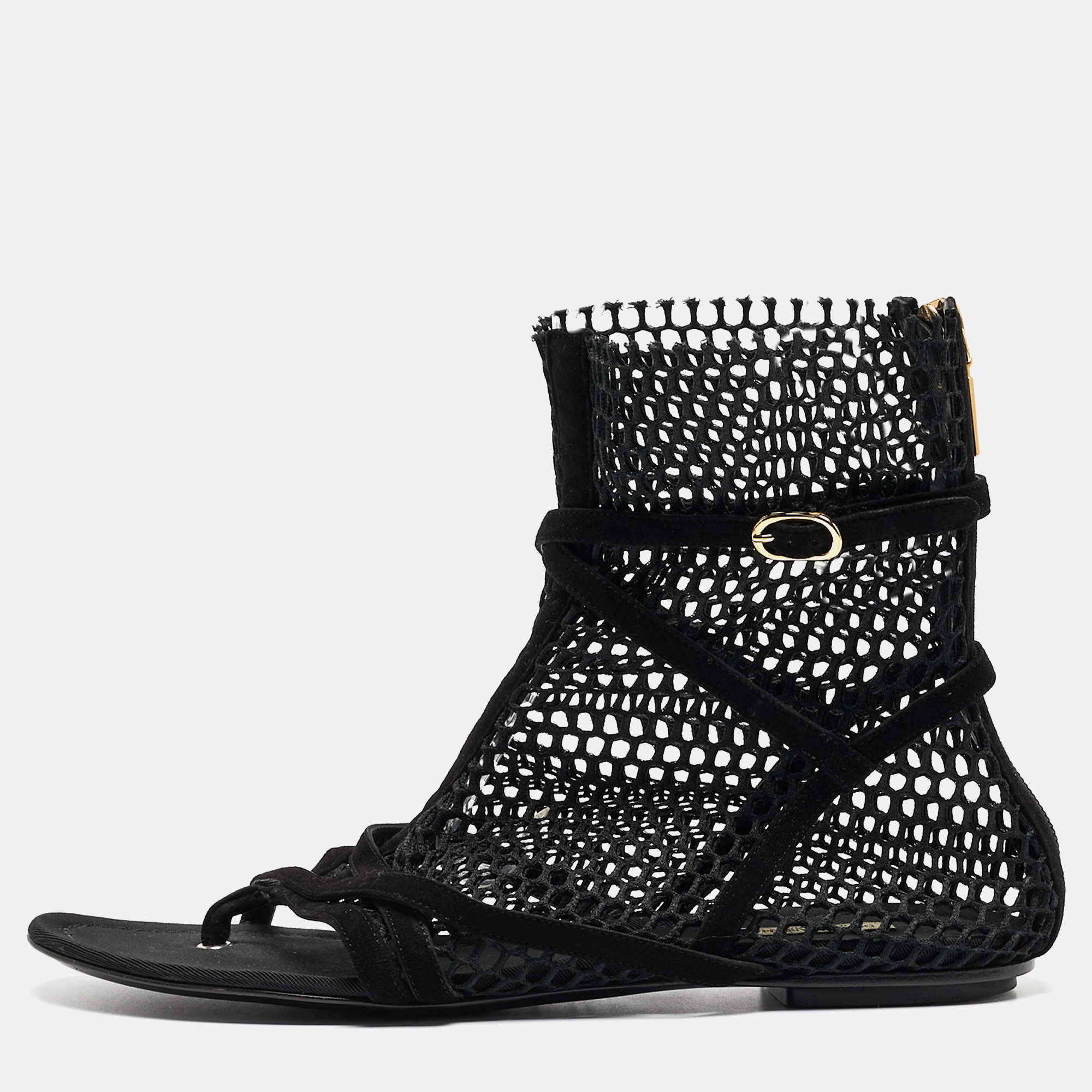 Pre Owned Dolce & Gabbana Black Mesh and Suede Strappy Thong Flat Sandals Size 39.5