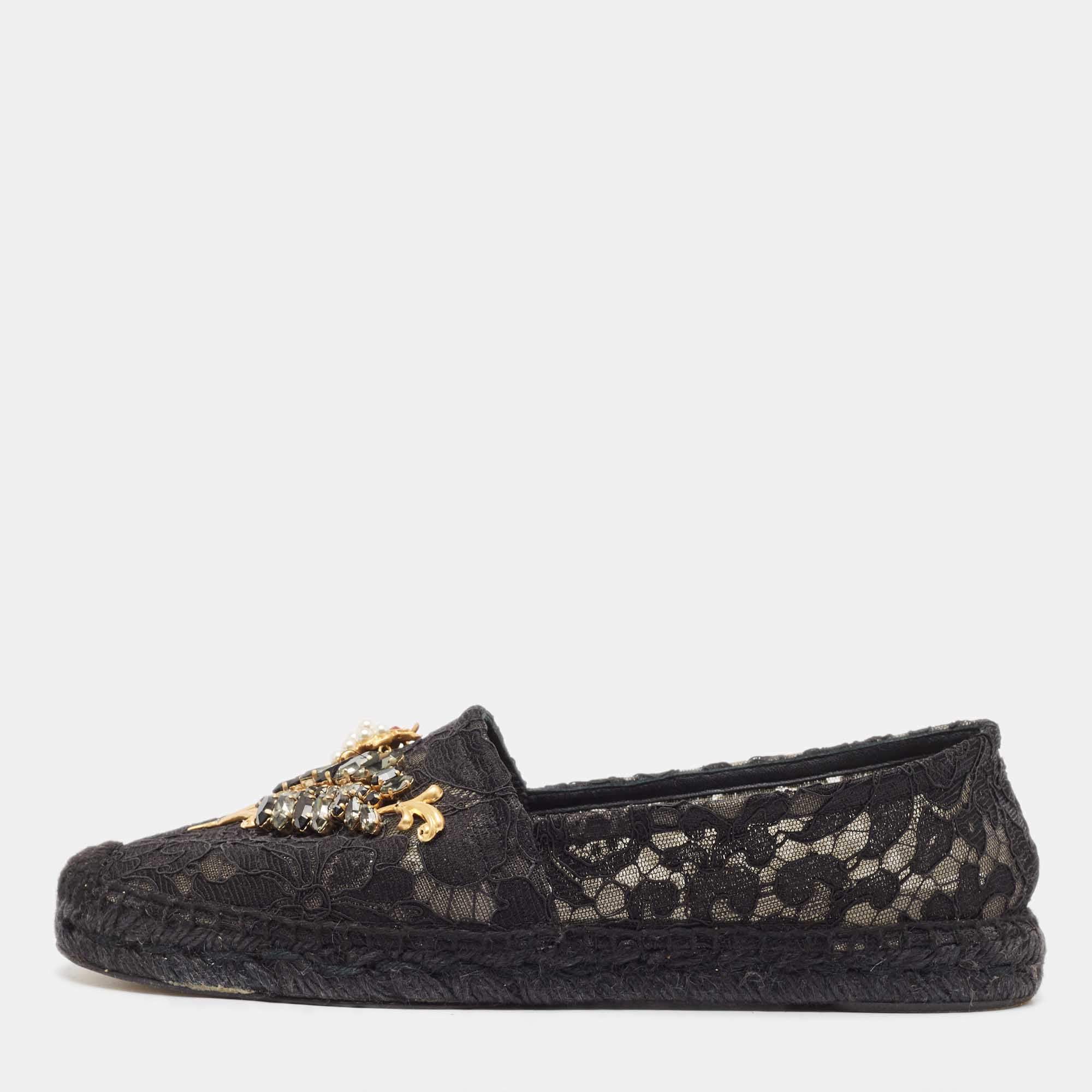 Pre Owned Dolce & Gabbana Black Lace Crystal Embellished Espadrille Flats Size 40