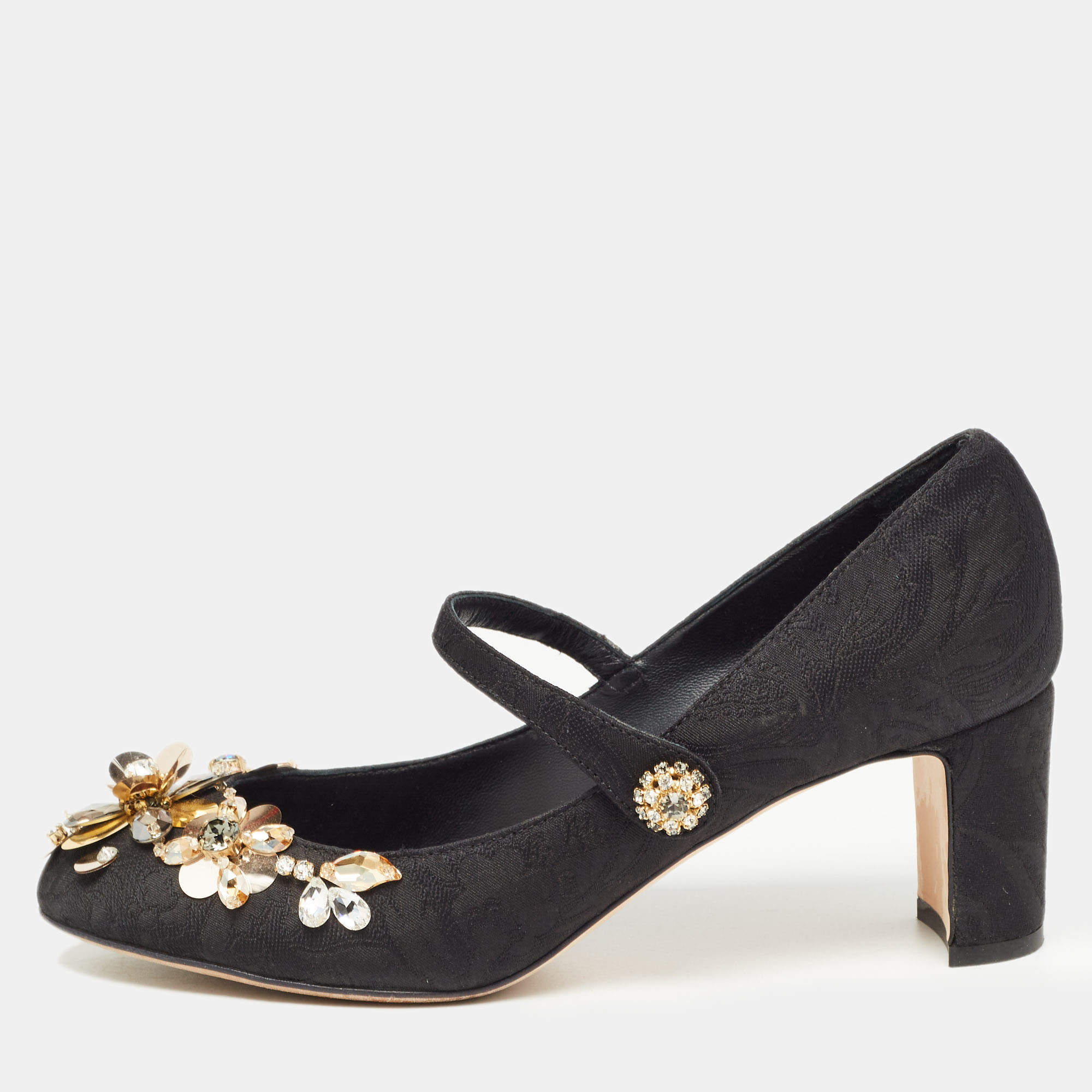 Pre Owned Dolce & Gabbana Black Brocade Fabric Embellished Mary Jane Pumps Size 39