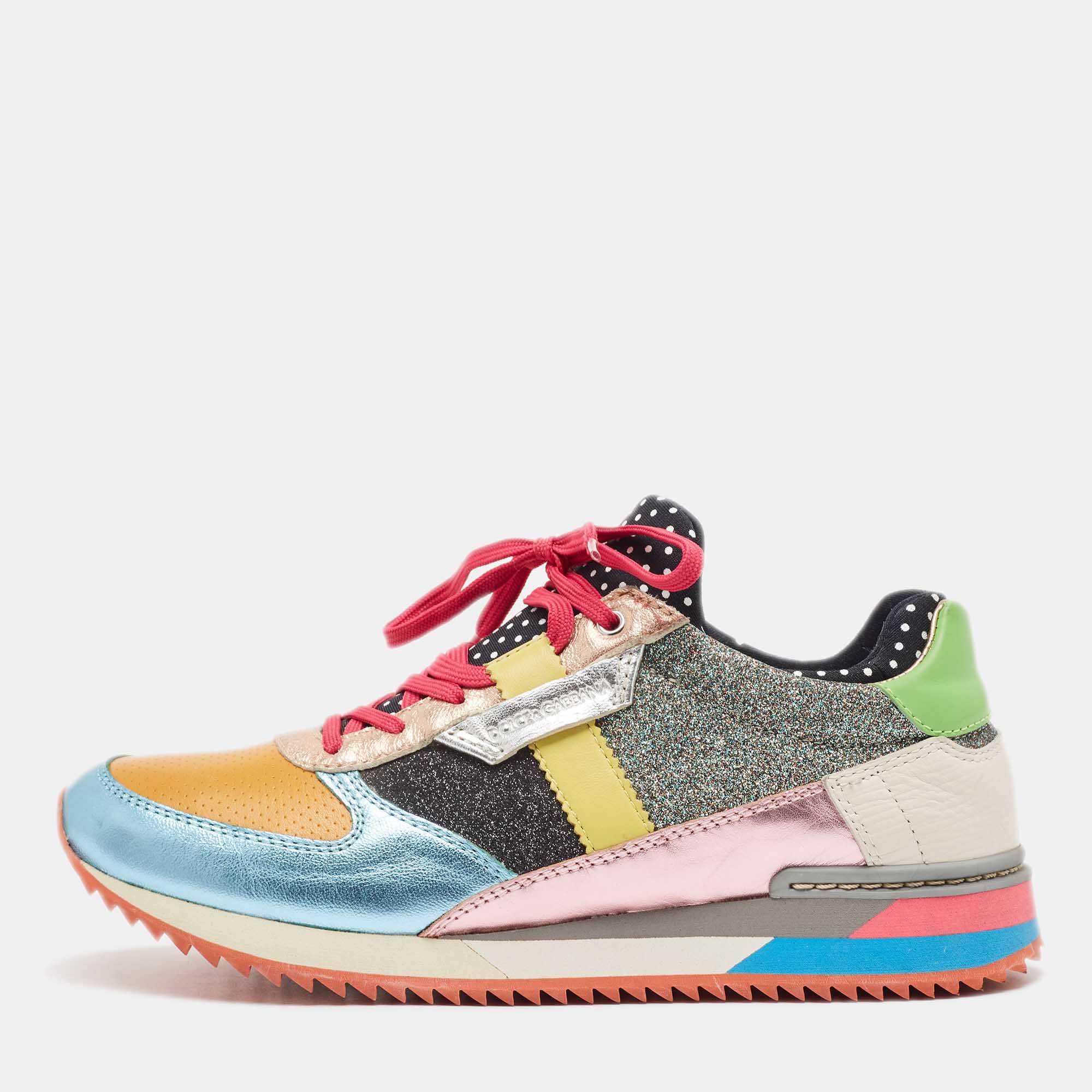 Pre Owned Dolce & Gabbana Multicolor Leather and Glitter Low Top Sneakers Size 37.5