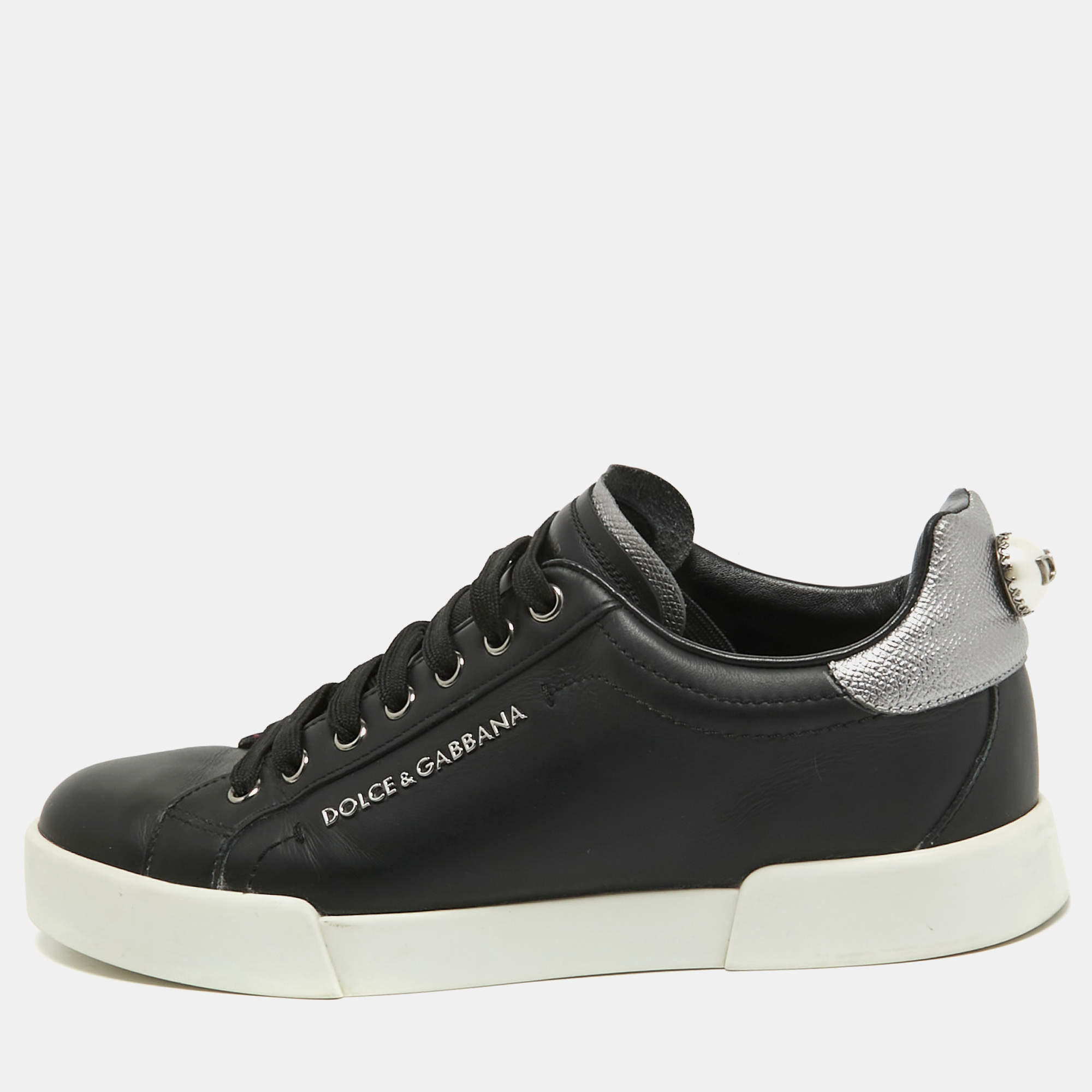 Pre Owned Dolce & Gabbana Black Leather DG Pearl Portofino Sneakers Size 39