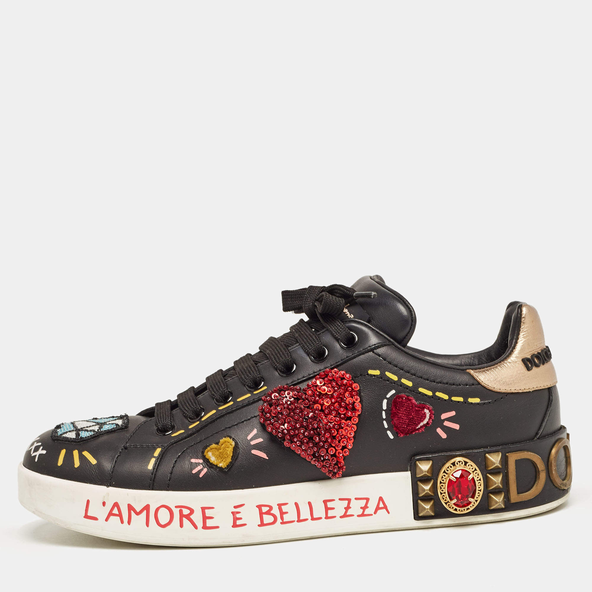 Pre Owned Dolce & Gabbana Black Leather Portofino Embellished Low Top Sneakers Size 39
