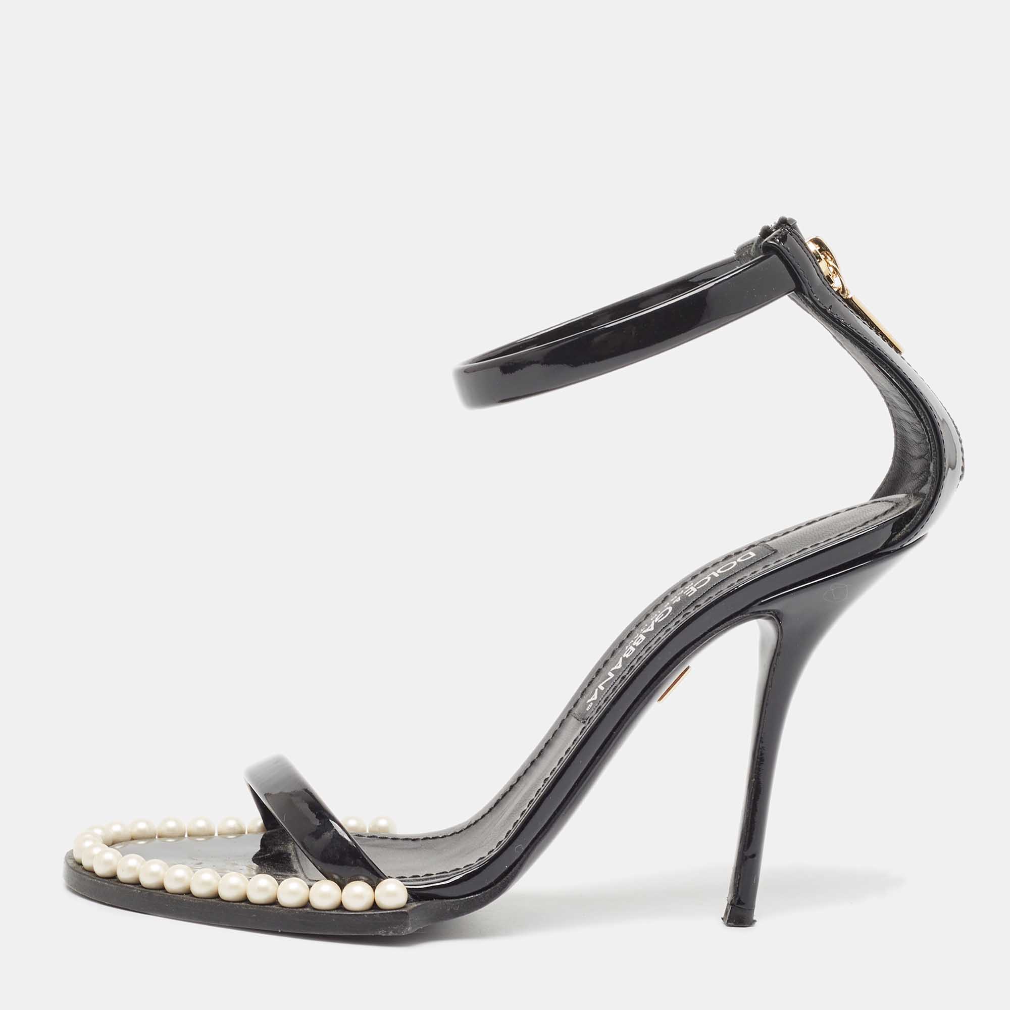 Pre Owned Dolce & Gabbana Black Patent Ankle Strap  Pear Embellished Sandals Size 38