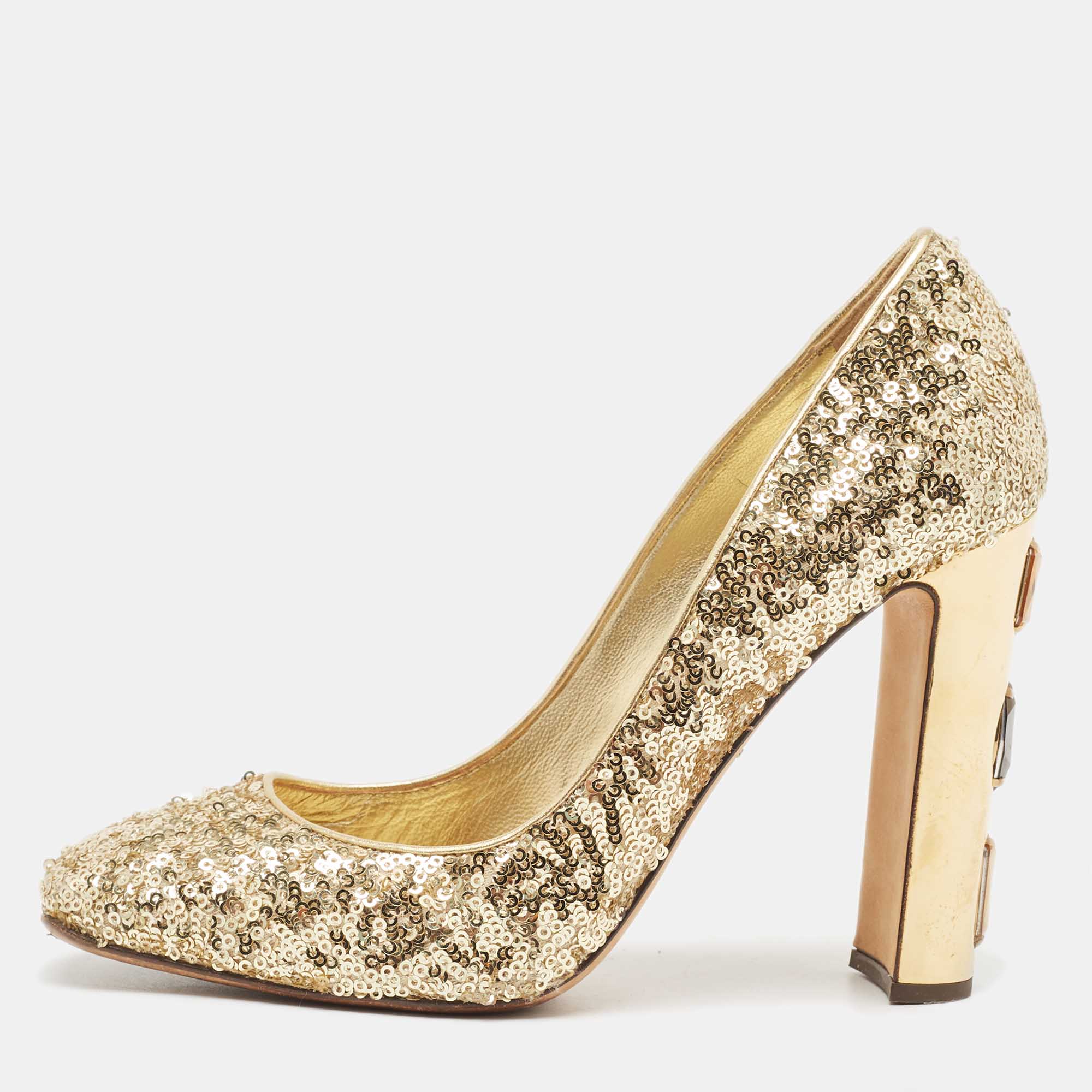 Pre Owned Dolce & Gabbana Gold Sequins Studded Heel Square Toe Pumps Size 38.5