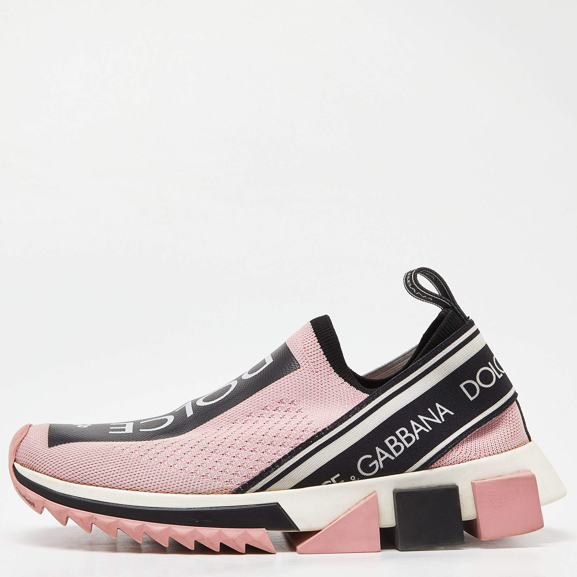 Pre Owned Dolce & Gabbana Pink/Black Knit Fabric Sorrento Slip-On Sneakers Size 36.5
