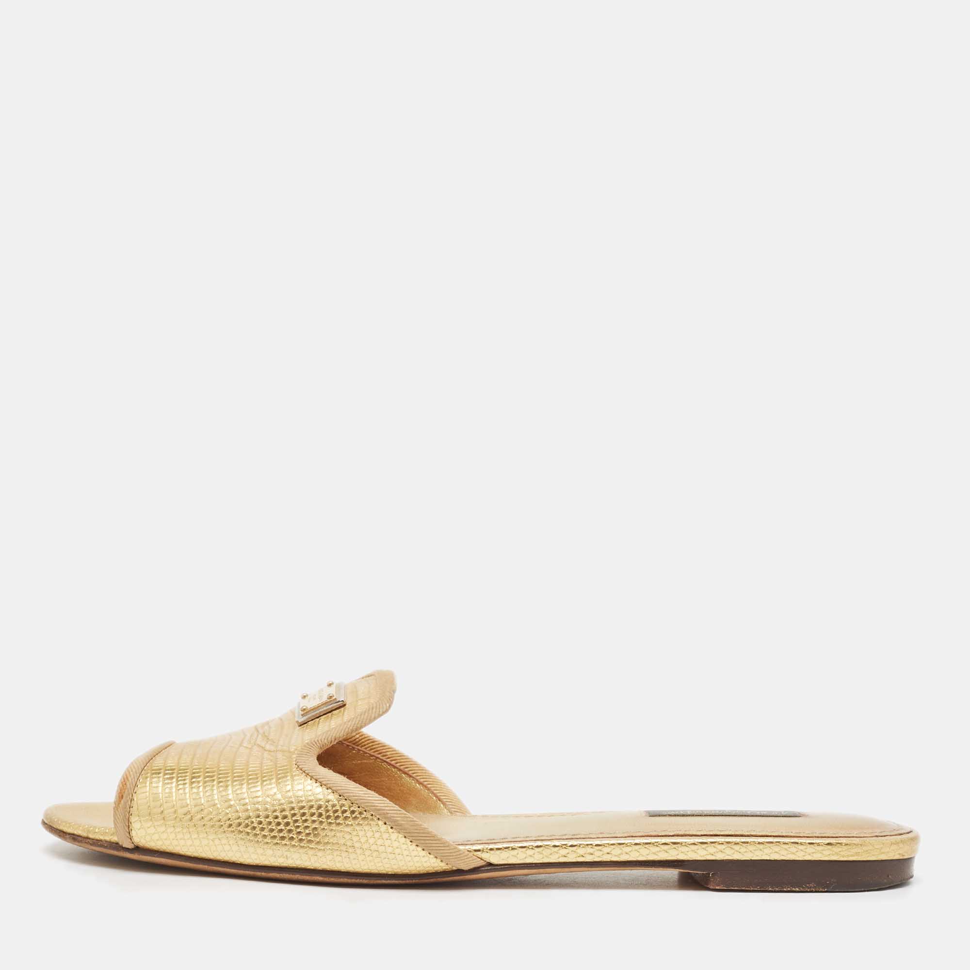 Pre Owned Dolce & Gabbana Metallic Gold Lizard Embossed Leather Flat Slides Size 37.5